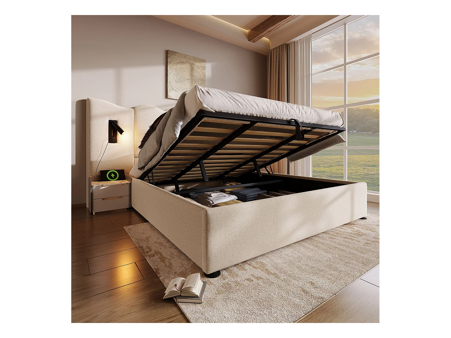 Lit double 180×200 cm en lin beige avec lampe de lecture et fonction de charge USB Type-C, lit de rangement en bois massif et métal