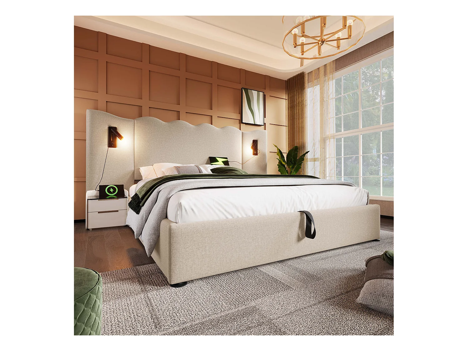 Lit double 180×200 cm en lin beige avec lampe de lecture et fonction de charge USB Type-C, lit de rangement en bois massif et métal