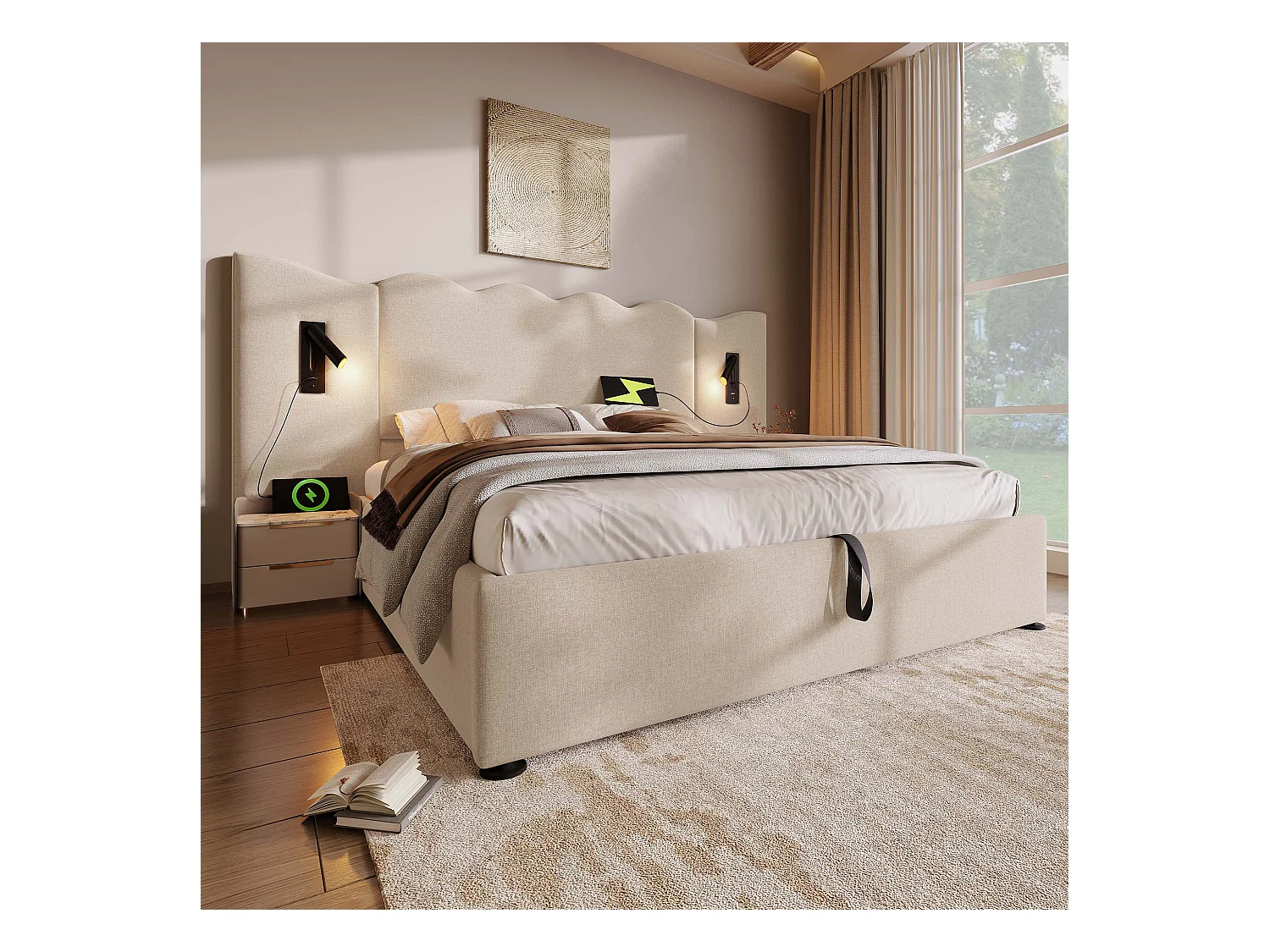 Lit double 180×200 cm en lin beige avec lampe de lecture et fonction de charge USB Type-C, lit de rangement en bois massif et métal
