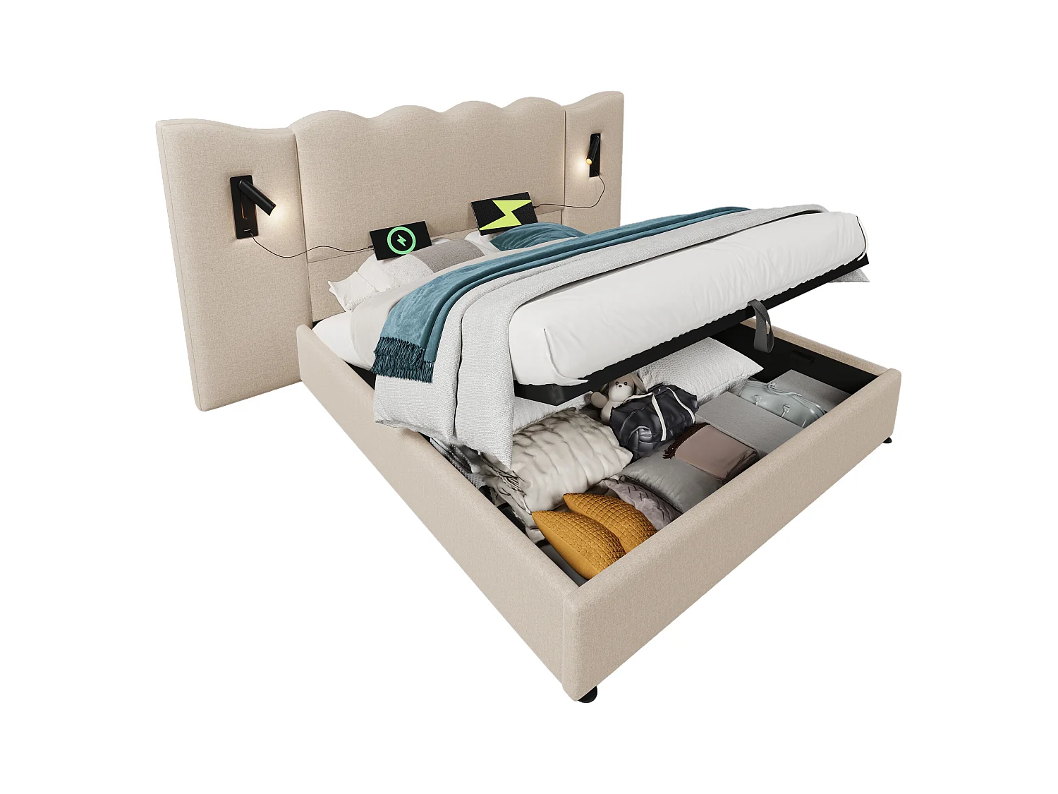 Lit double 180×200 cm en lin beige avec lampe de lecture et fonction de charge USB Type-C, lit de rangement en bois massif et métal