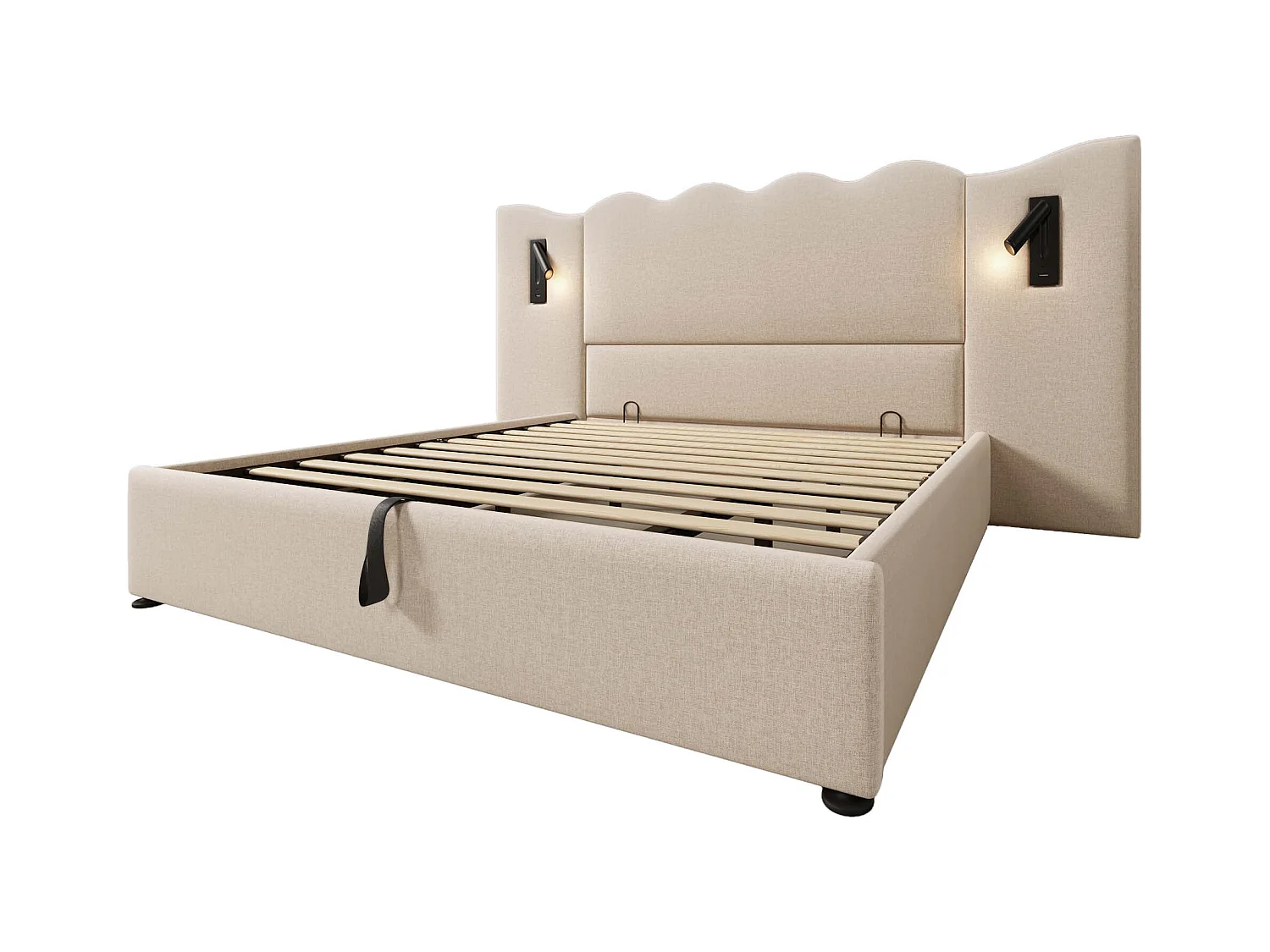 Lit double 180×200 cm en lin beige avec lampe de lecture et fonction de charge USB Type-C, lit de rangement en bois massif et métal