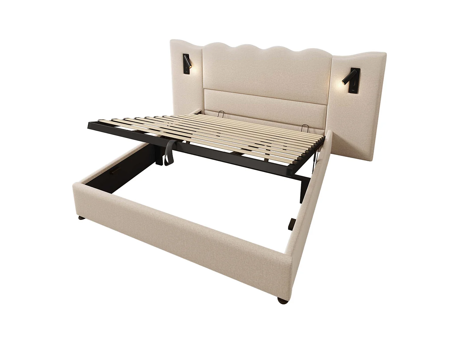 Lit double 180×200 cm en lin beige avec lampe de lecture et fonction de charge USB Type-C, lit de rangement en bois massif et métal