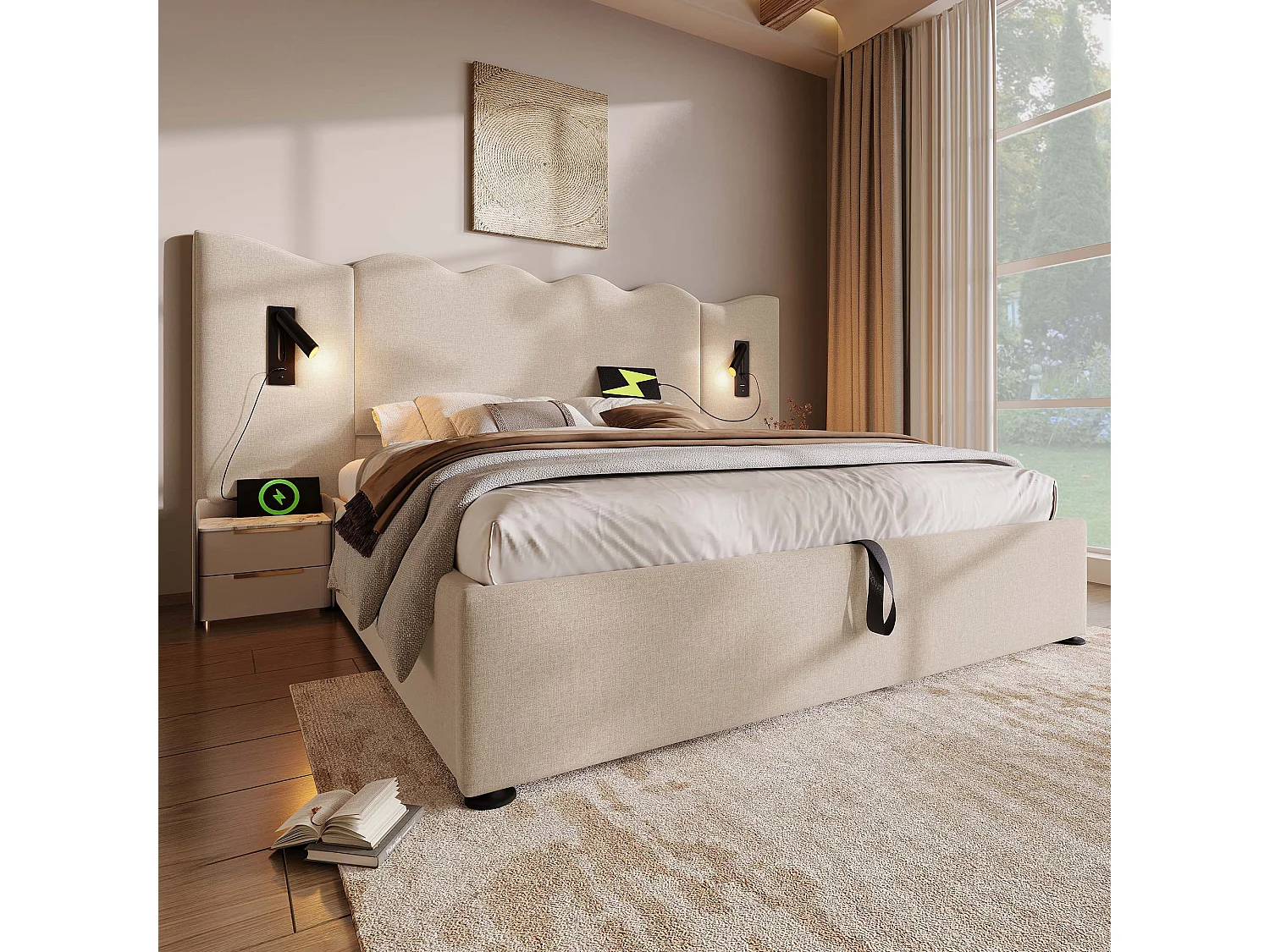 Lit double 180×200 cm en lin beige avec lampe de lecture et fonction de charge USB Type-C, lit de rangement en bois massif et métal
