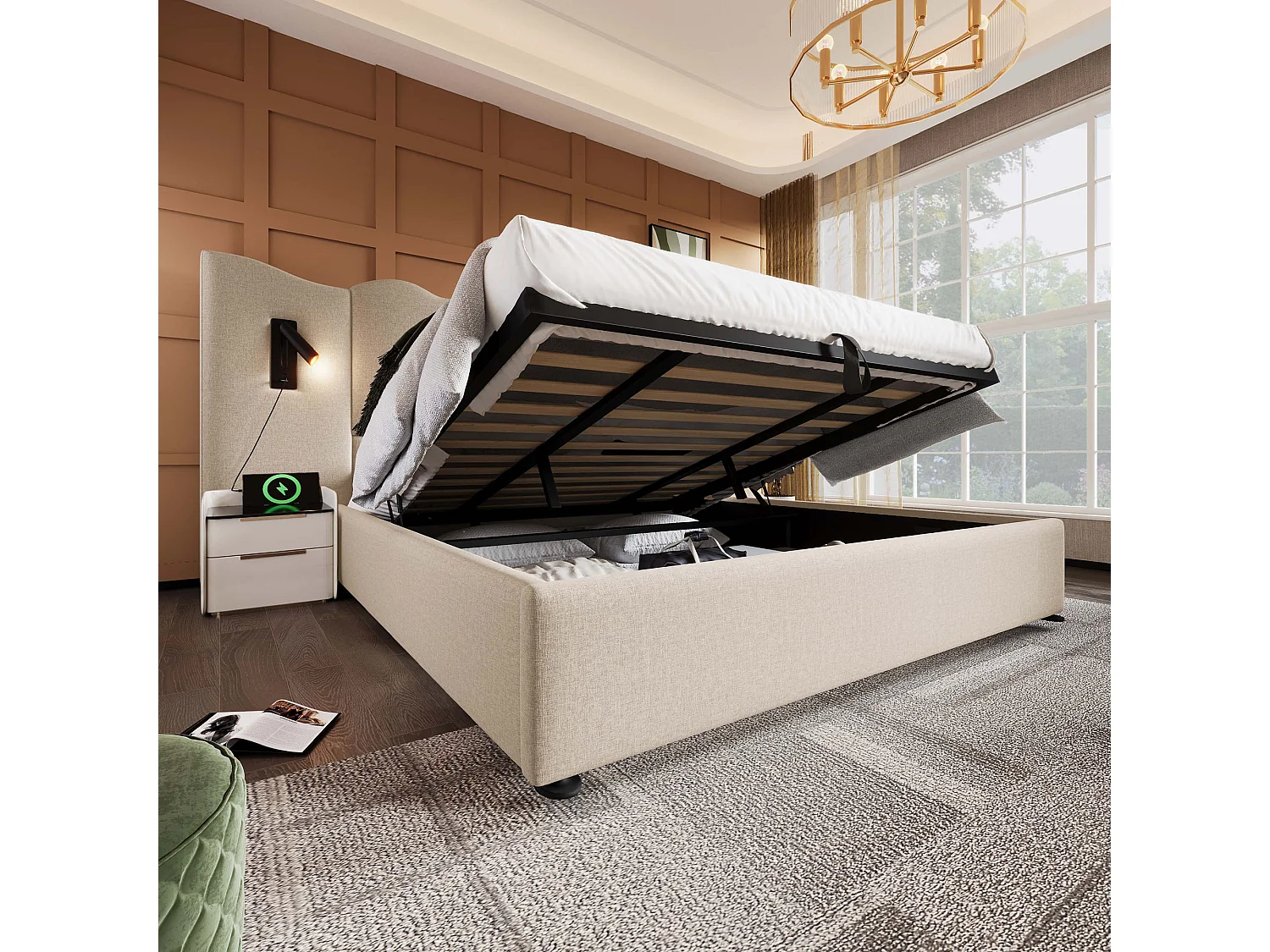Lit double 180×200 cm en lin beige avec lampe de lecture et fonction de charge USB Type-C, lit de rangement en bois massif et métal