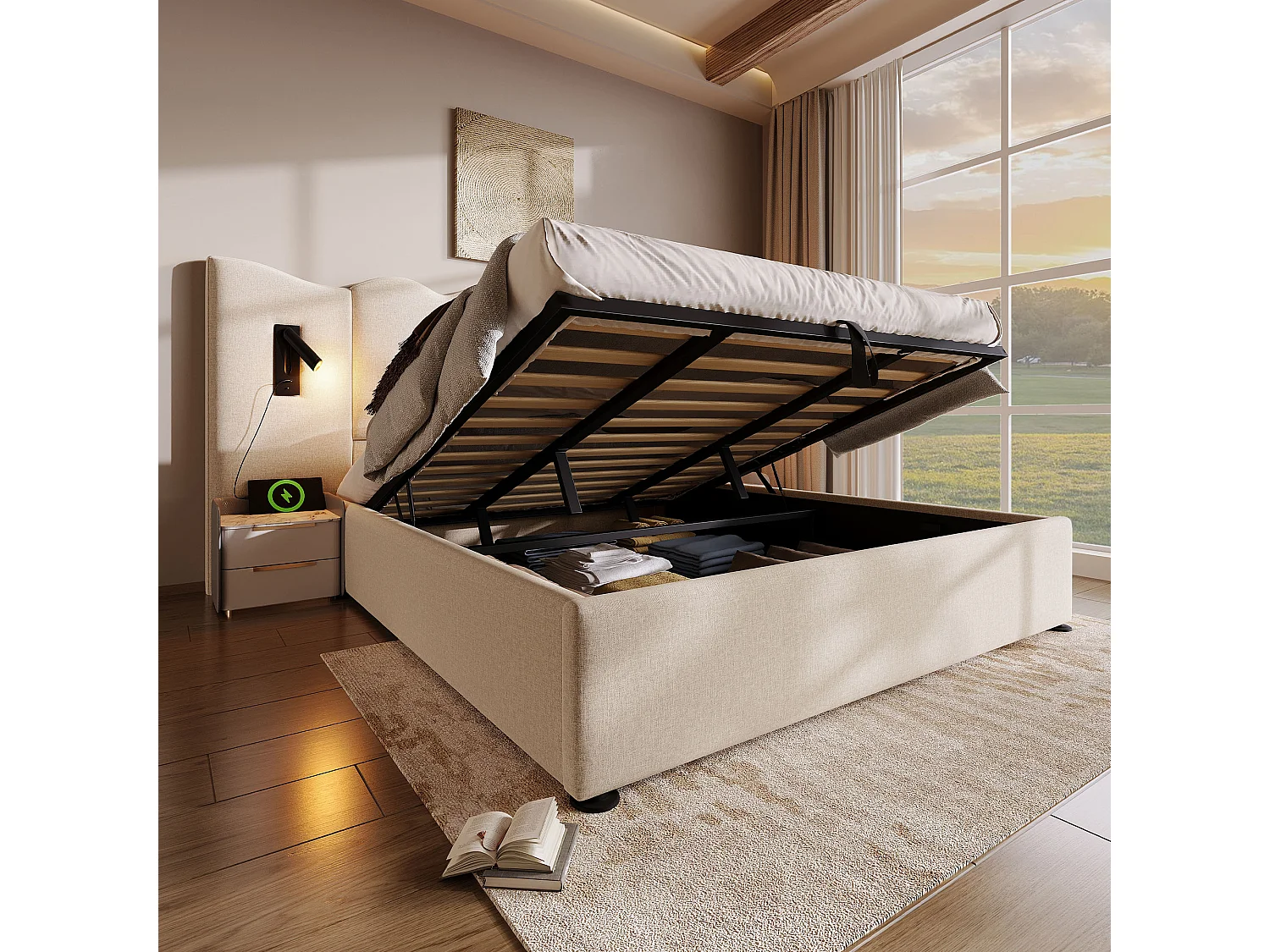 Lit double 180×200 cm en lin beige avec lampe de lecture et fonction de charge USB Type-C, lit de rangement en bois massif et métal