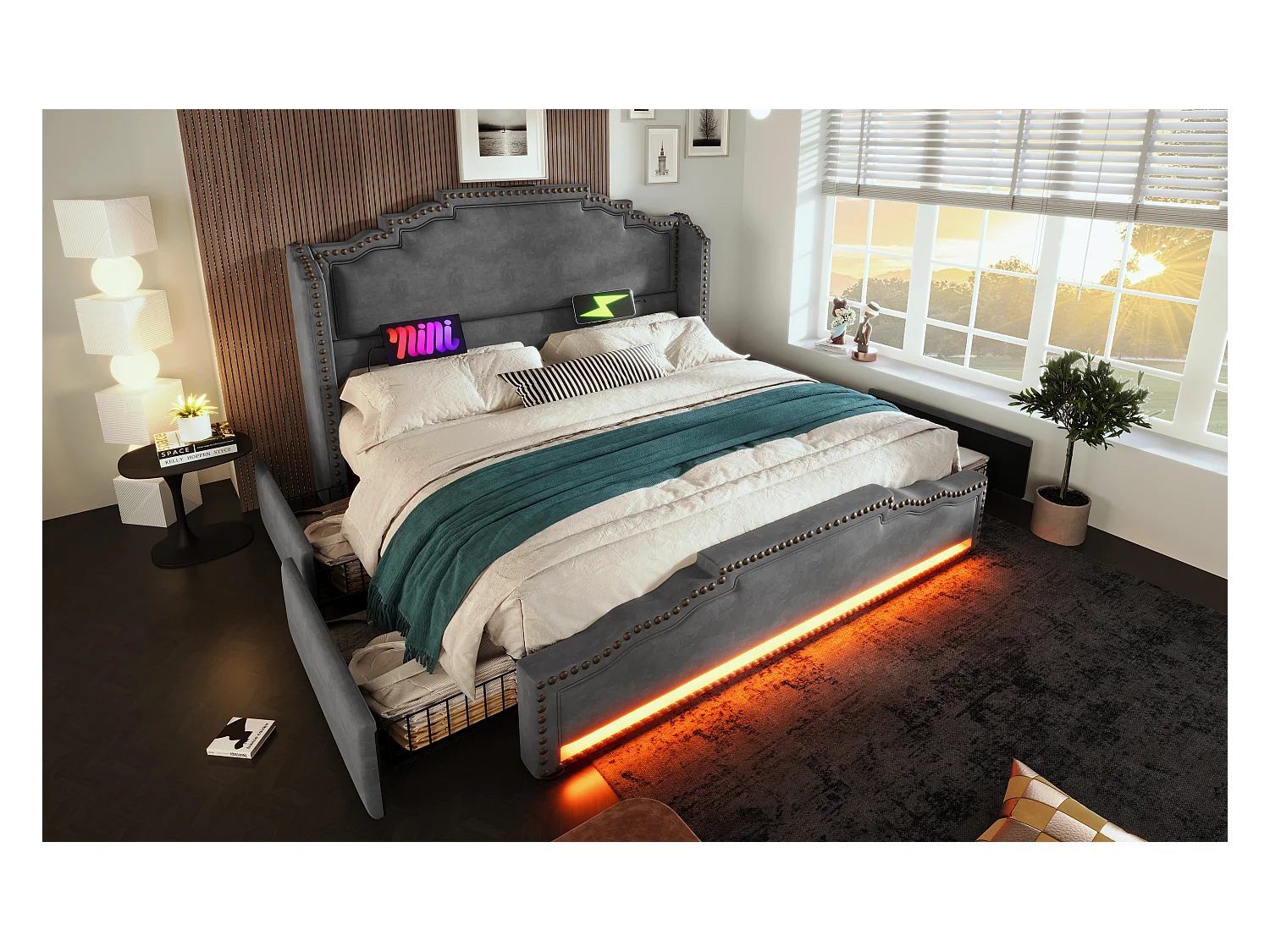 Lit rembourré 160×200 cm, lit double avec 4 tiroirs, éclairage LED et ports USB-C, lit de rangement en velours gris