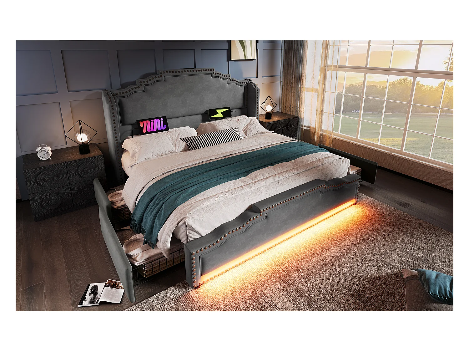 Lit rembourré 160×200 cm, lit double avec 4 tiroirs, éclairage LED et ports USB-C, lit de rangement en velours gris
