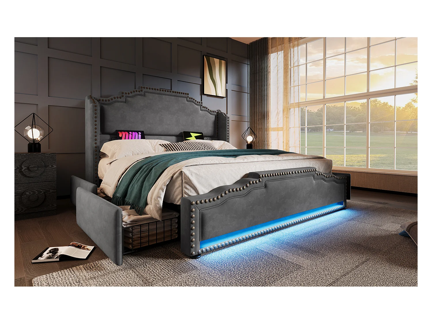 Lit rembourré 160×200 cm, lit double avec 4 tiroirs, éclairage LED et ports USB-C, lit de rangement en velours gris