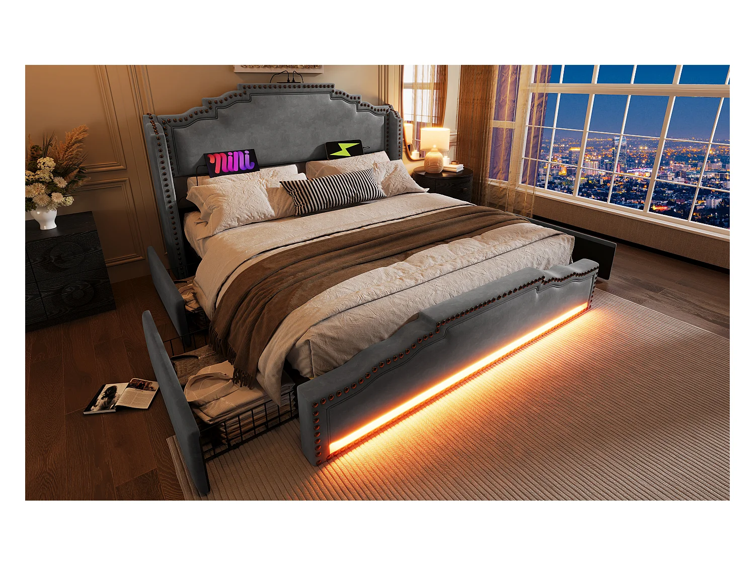 Lit rembourré 160×200 cm, lit double avec 4 tiroirs, éclairage LED et ports USB-C, lit de rangement en velours gris