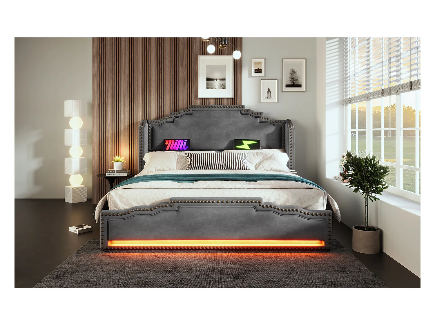 Lit rembourré 160×200 cm, lit double avec 4 tiroirs, éclairage LED et ports USB-C, lit de rangement en velours gris