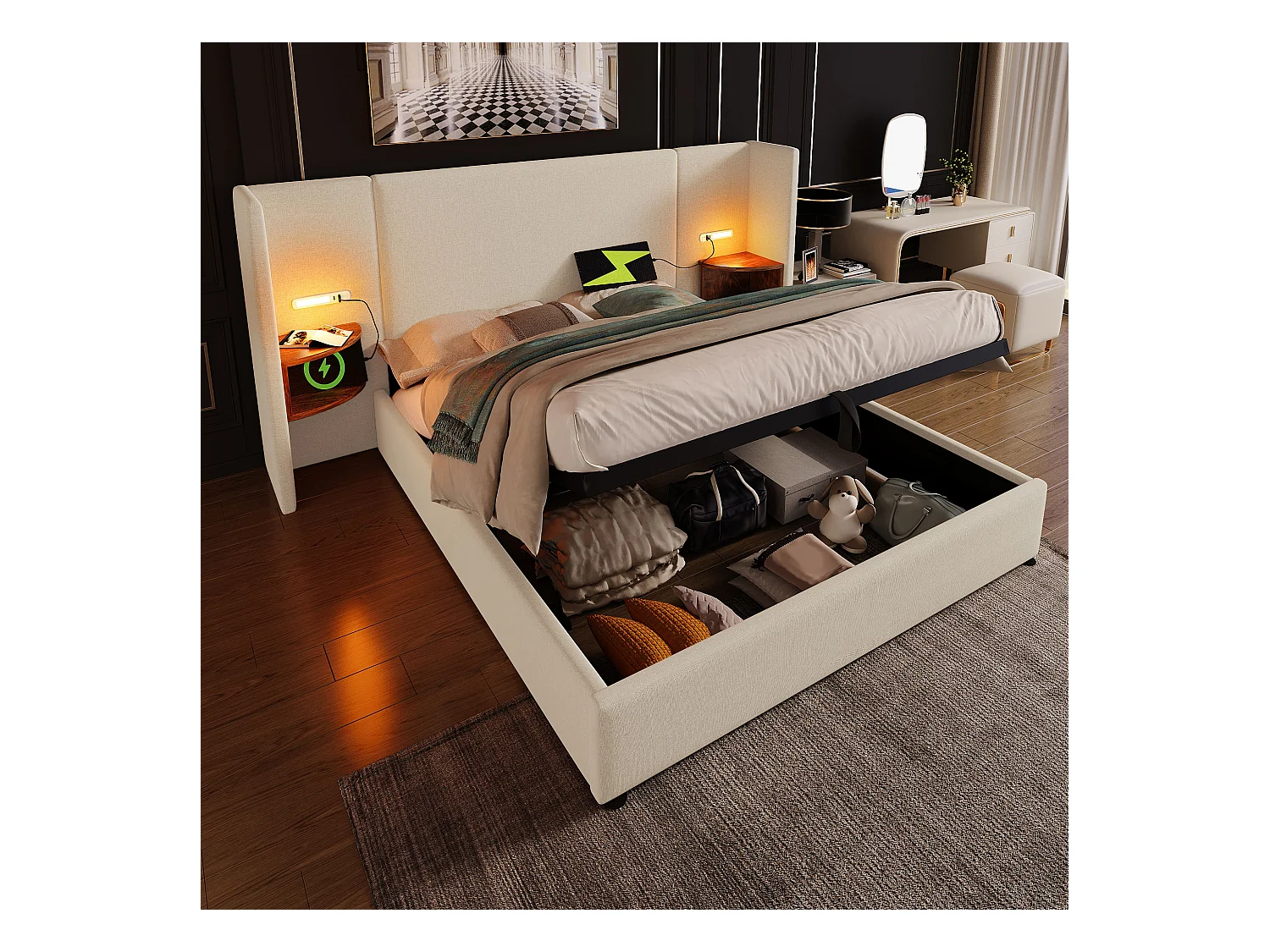 Lit double 180×200 cm en lin beige avec tête de lit multifonctionnelle, lampe de lecture et ports USB