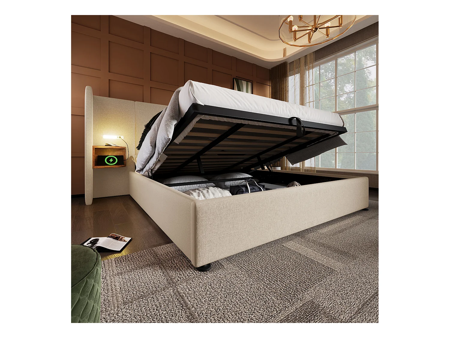 Lit double 180×200 cm en lin beige avec tête de lit multifonctionnelle, lampe de lecture et ports USB