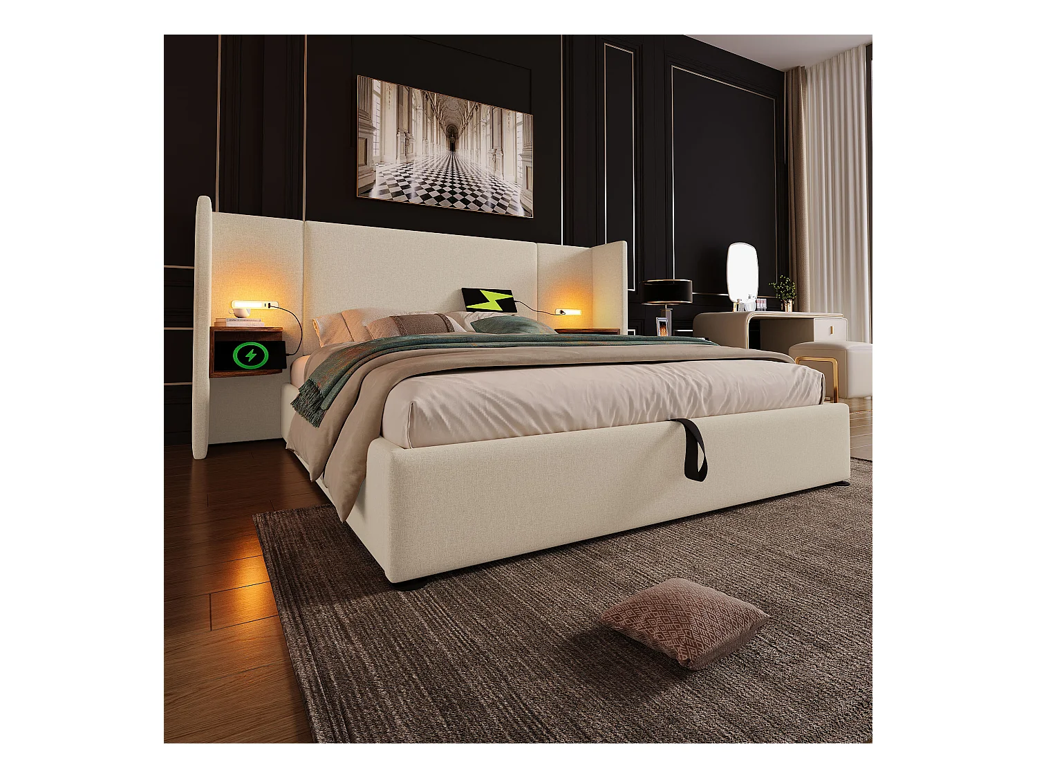 Lit double 180×200 cm en lin beige avec tête de lit multifonctionnelle, lampe de lecture et ports USB