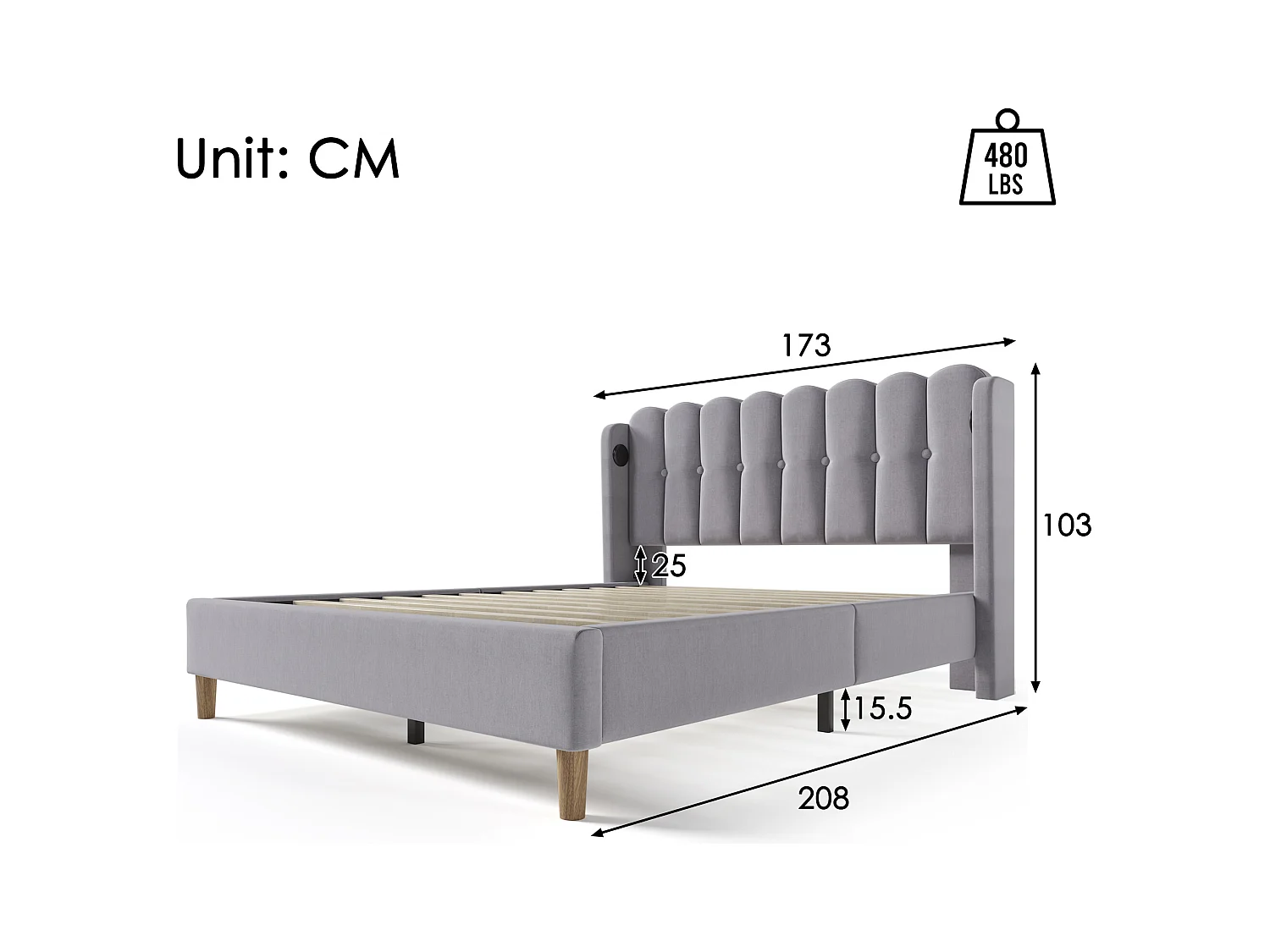 Lit double 160 x 200 cm avec fonction de chargement USB Type C, cadre en lin gris et sommier