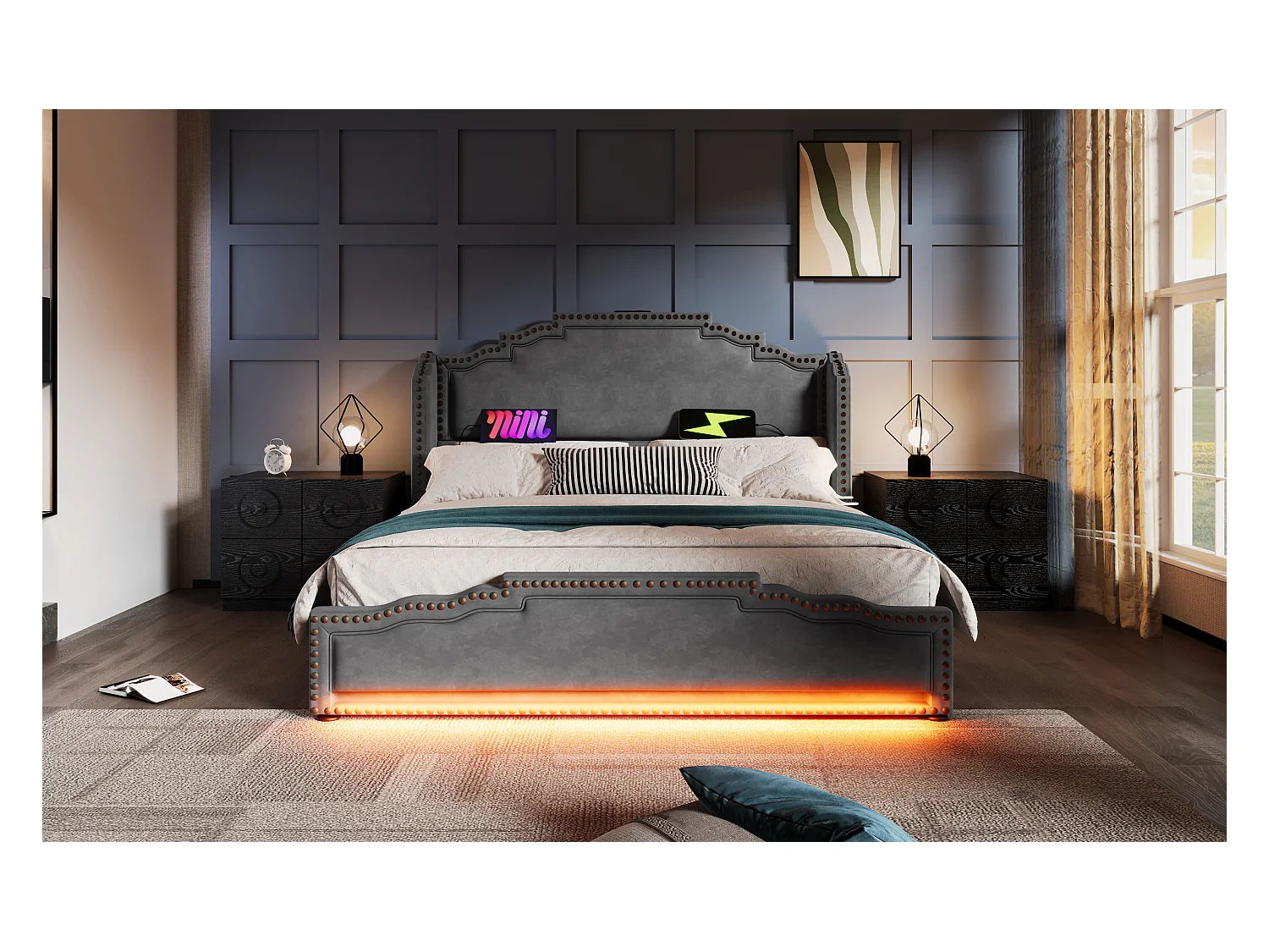 Lit rembourré 180×200 cm, lit double avec 4 tiroirs, éclairage LED et ports USB-C, en velours gris