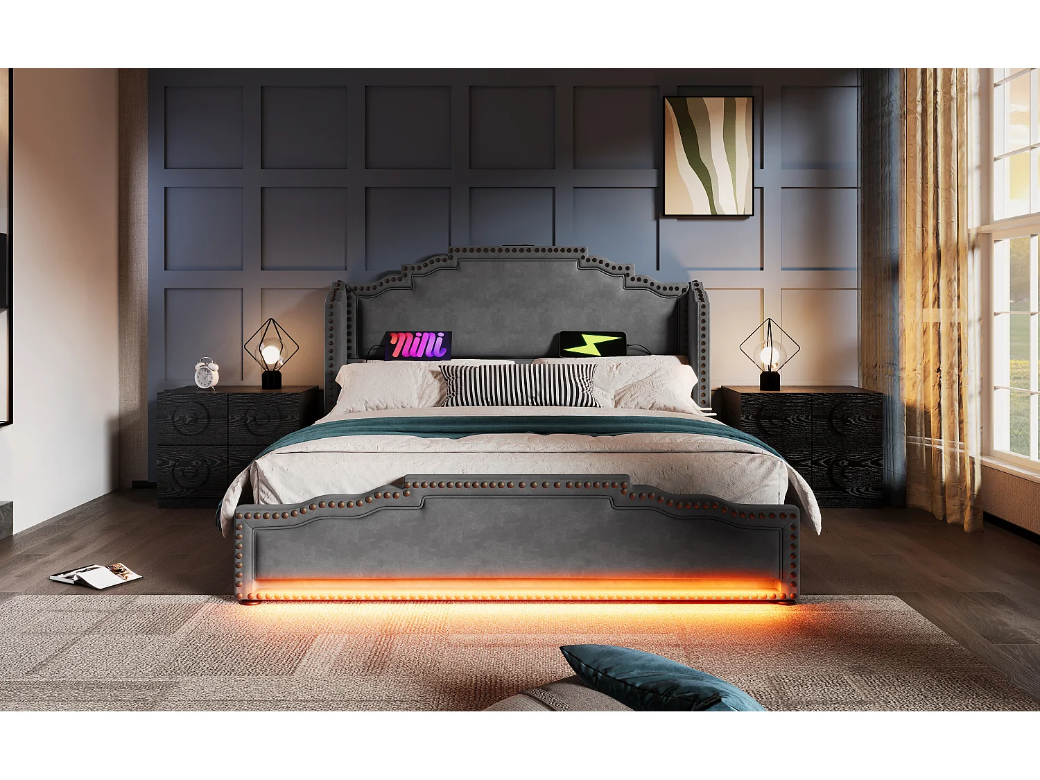 Lit rembourré 180×200 cm, lit double avec 4 tiroirs, éclairage LED et ports USB-C, en velours gris