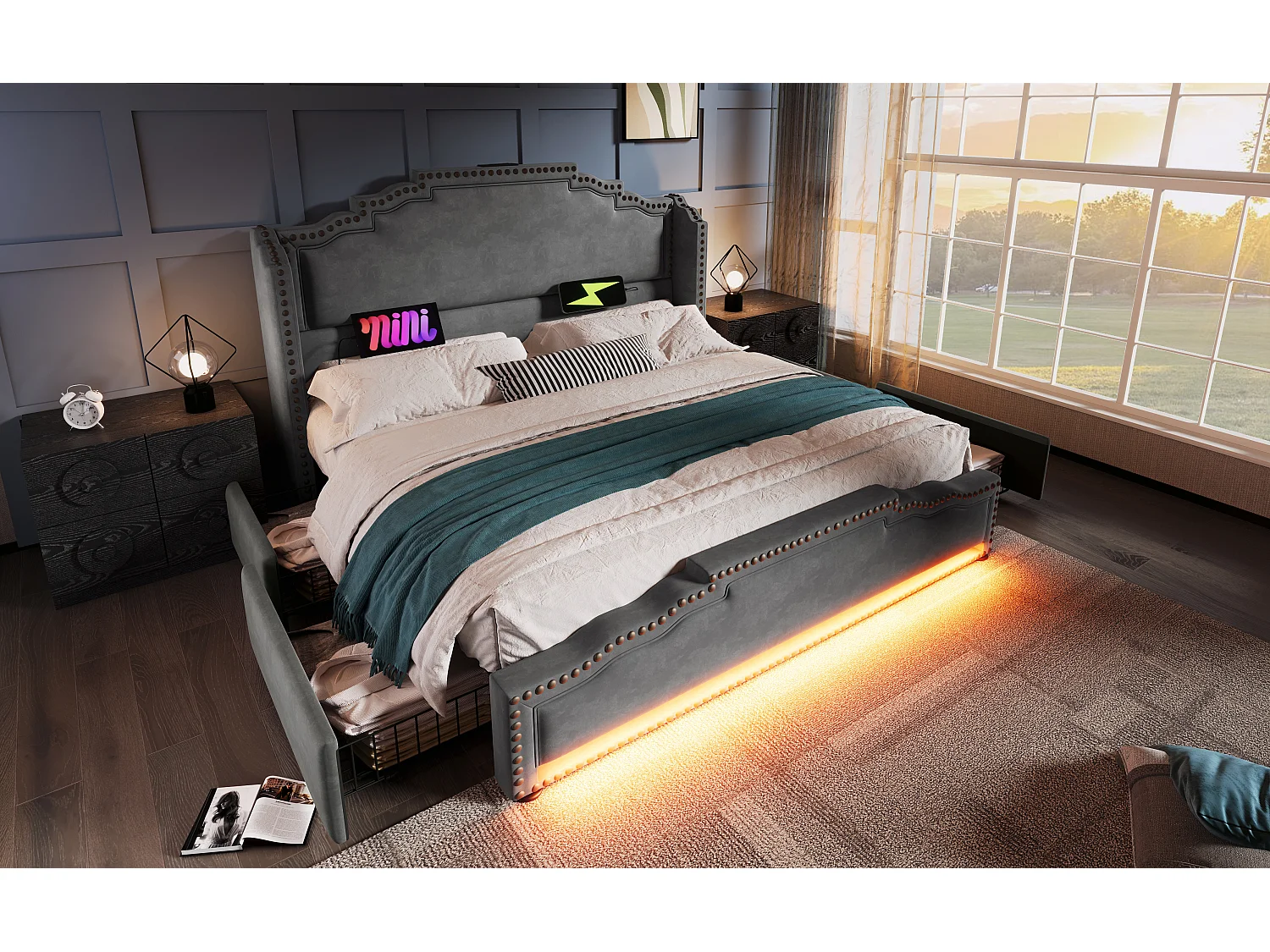 Lit rembourré 180×200 cm, lit double avec 4 tiroirs, éclairage LED et ports USB-C, en velours gris