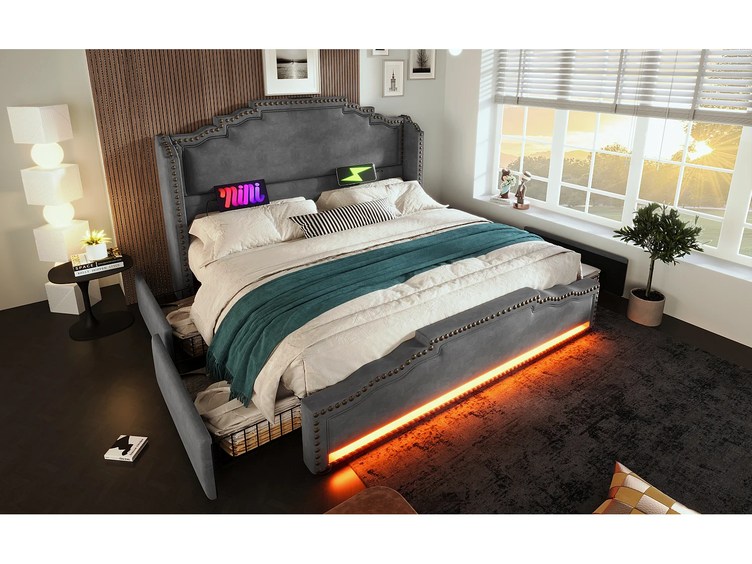 Lit rembourré 180×200 cm, lit double avec 4 tiroirs, éclairage LED et ports USB-C, en velours gris