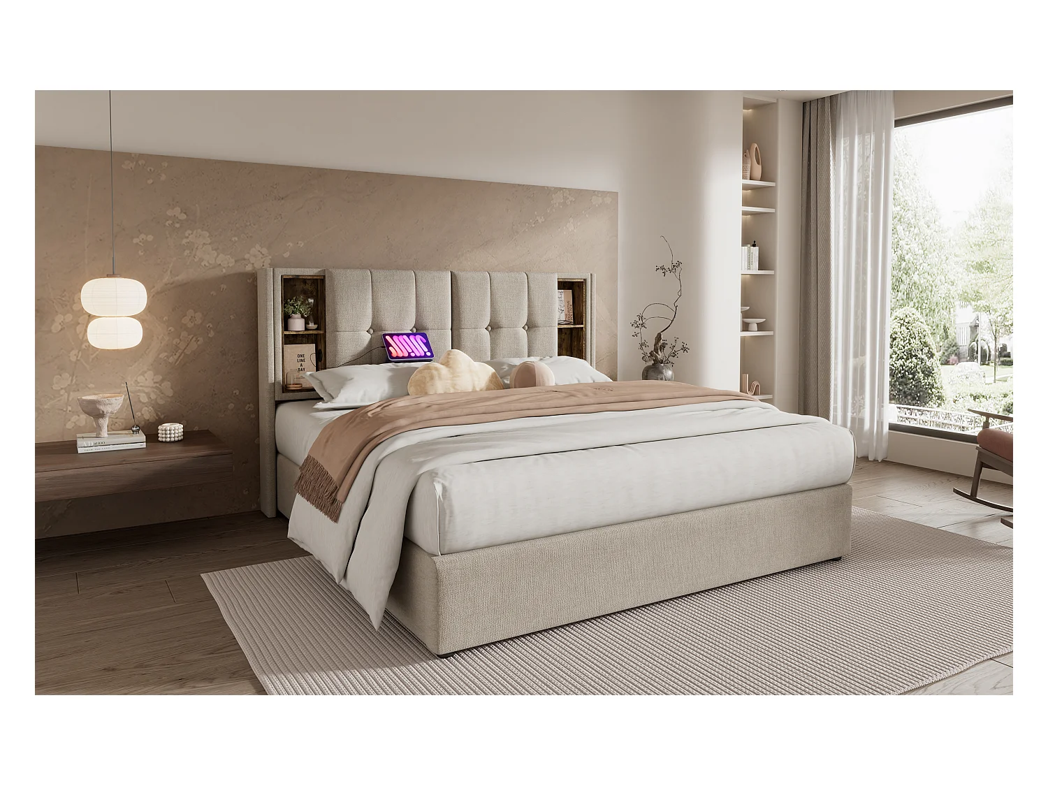 Lit double 160x200 cm avec chargement sans fil et ports USB, cadre en lin naturel avec rangement