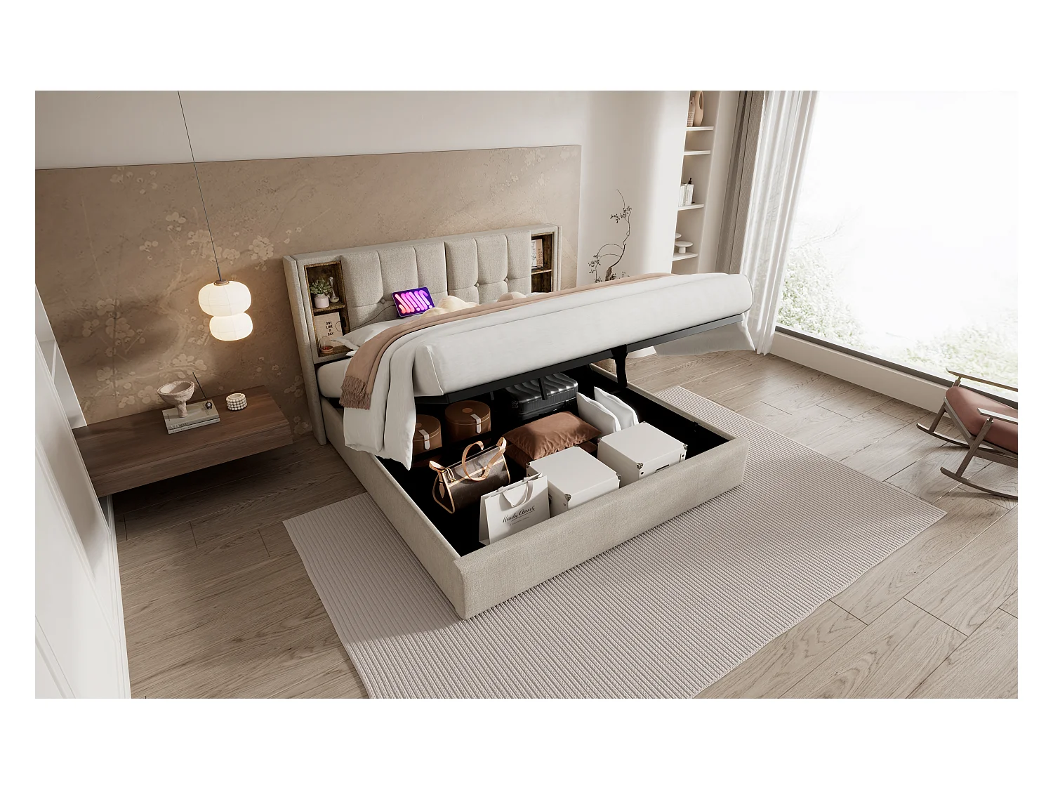 Lit double 160x200 cm avec chargement sans fil et ports USB, cadre en lin naturel avec rangement