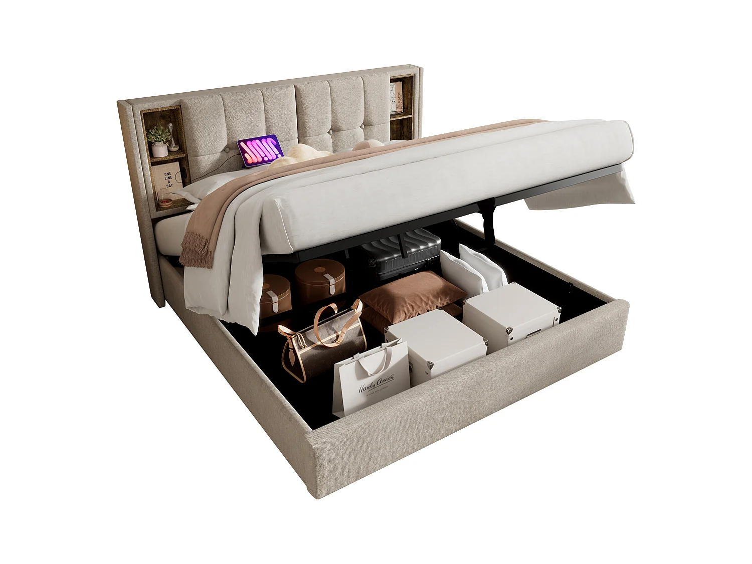 Lit double 160x200 cm avec chargement sans fil et ports USB, cadre en lin naturel avec rangement