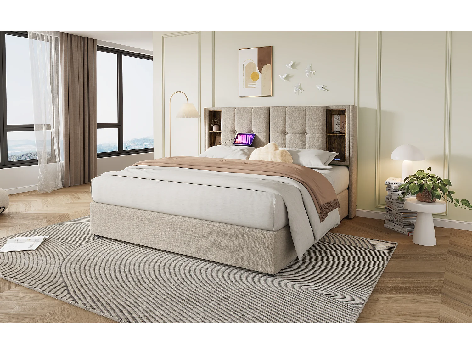 Lit double 160x200 cm avec chargement sans fil et ports USB, cadre en lin naturel avec rangement