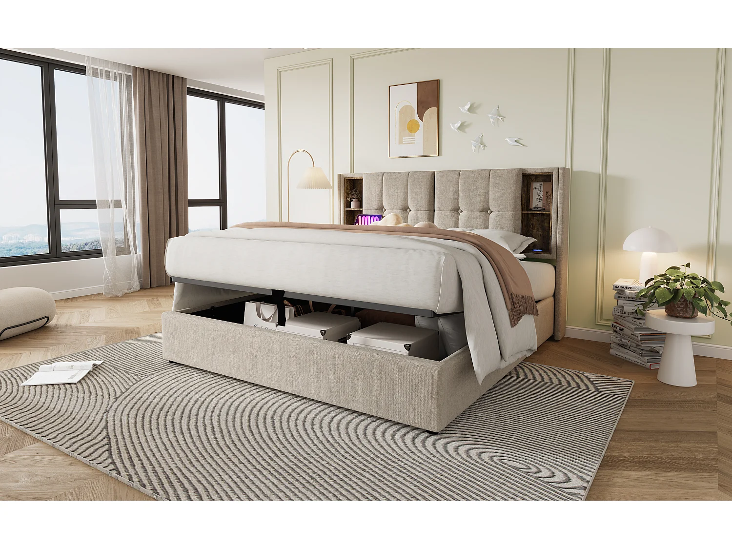 Lit double 160x200 cm avec chargement sans fil et ports USB, cadre en lin naturel avec rangement