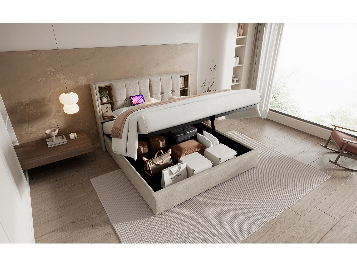 Lit double 160x200 cm avec chargement sans fil et ports USB, cadre en lin naturel avec rangement