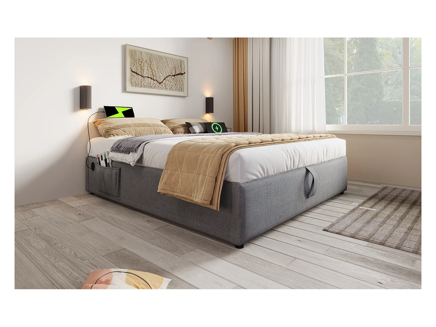 Lit double 140×200 cm, lit de rangement avec USB-C et sommier à lattes en bois massif, sans tête de lit, gris