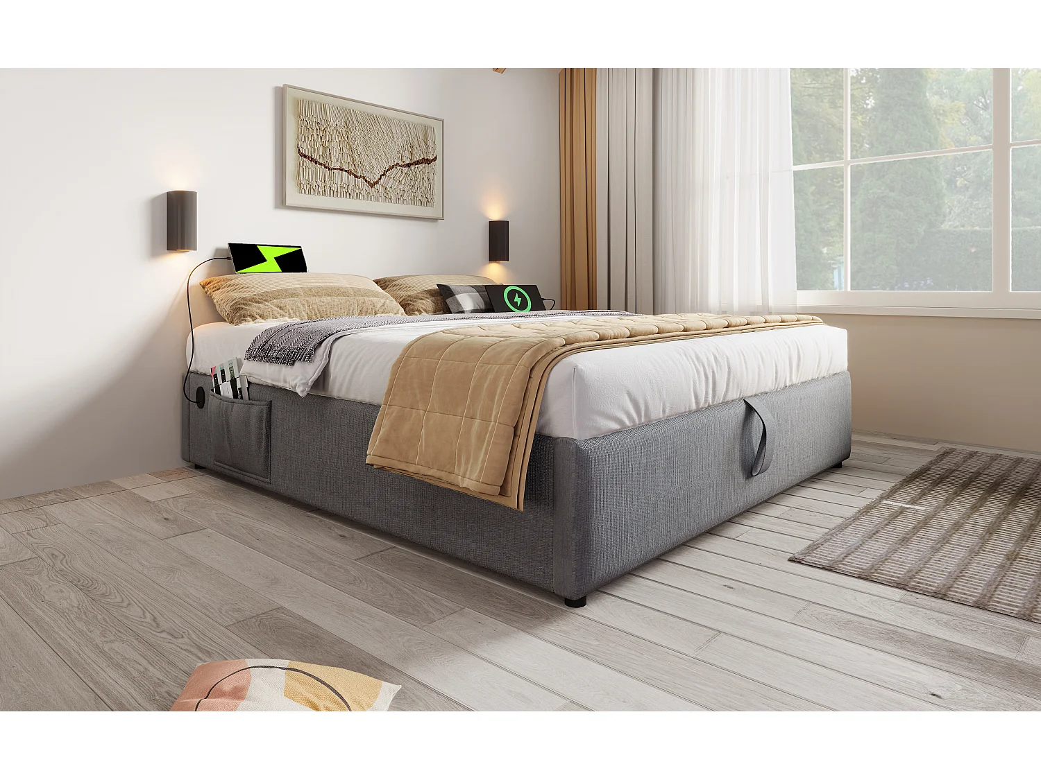 Lit double 140×200 cm, lit de rangement avec USB-C et sommier à lattes en bois massif, sans tête de lit, gris