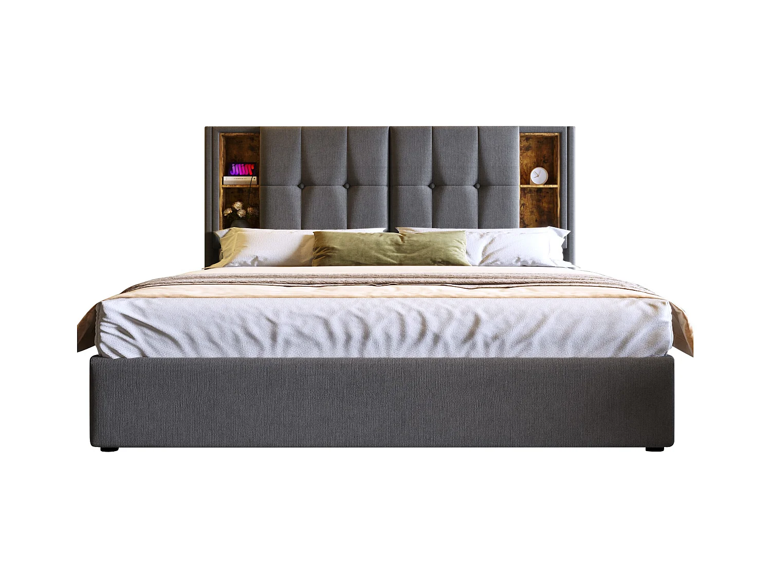 Lit double 160x200 cm avec charge sans fil et ports USB, cadre de lit en coton gris avec rangement