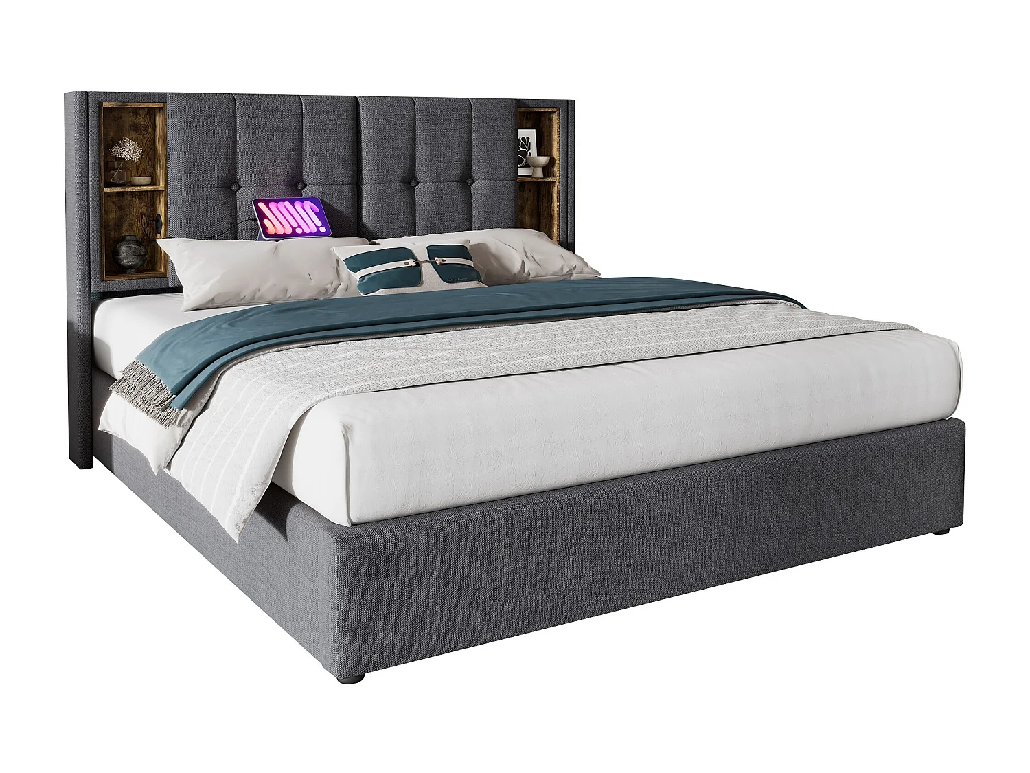 Lit double 160x200 cm avec charge sans fil et ports USB, cadre de lit en coton gris avec rangement