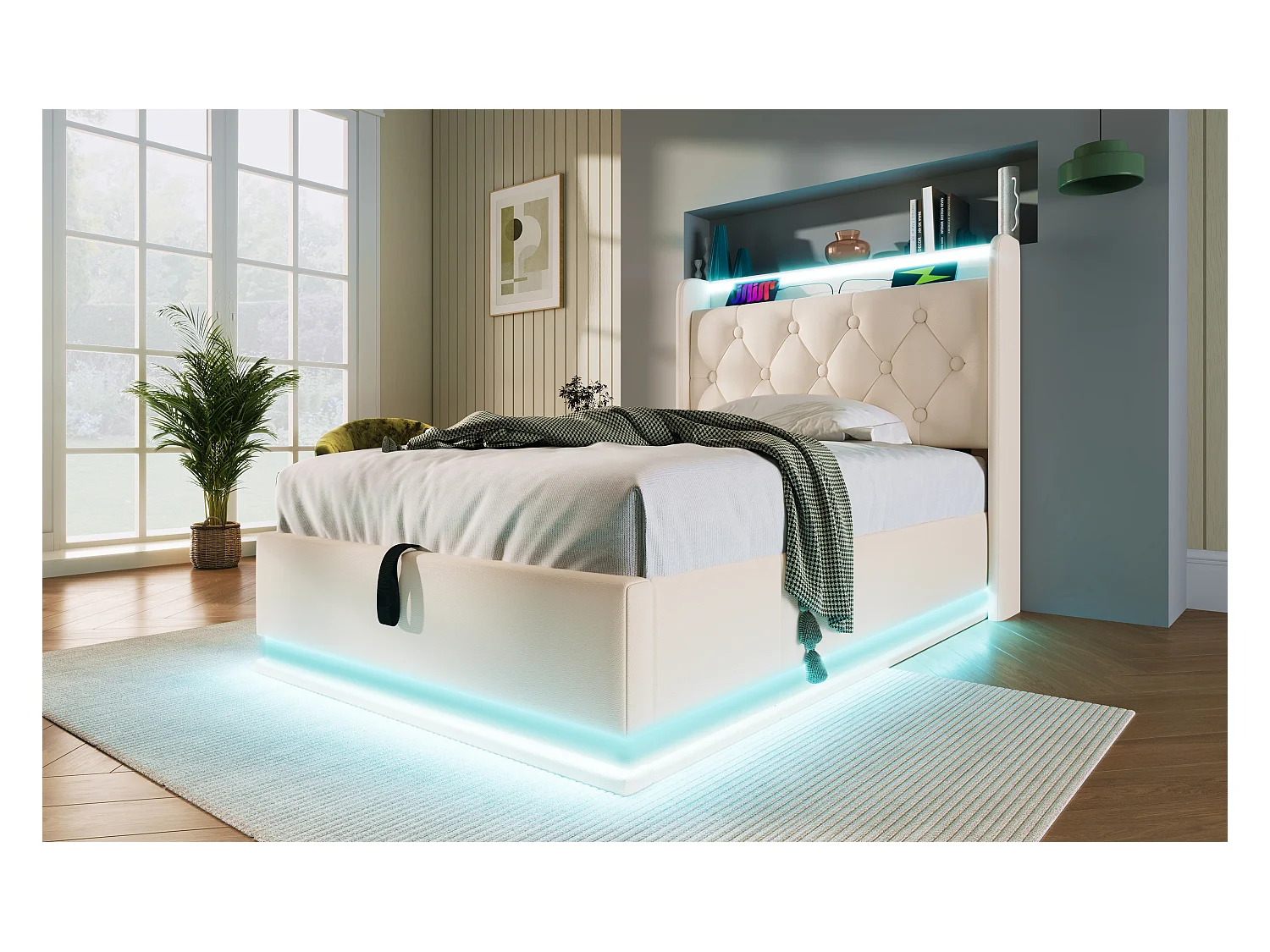 Lit simple 90×200 cm en PU blanc avec éclairage LED 360°, tête de lit rembourrée et USB