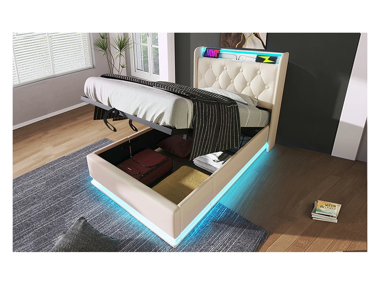 Lit simple 90×200 cm en PU blanc avec éclairage LED 360°, tête de lit rembourrée et USB