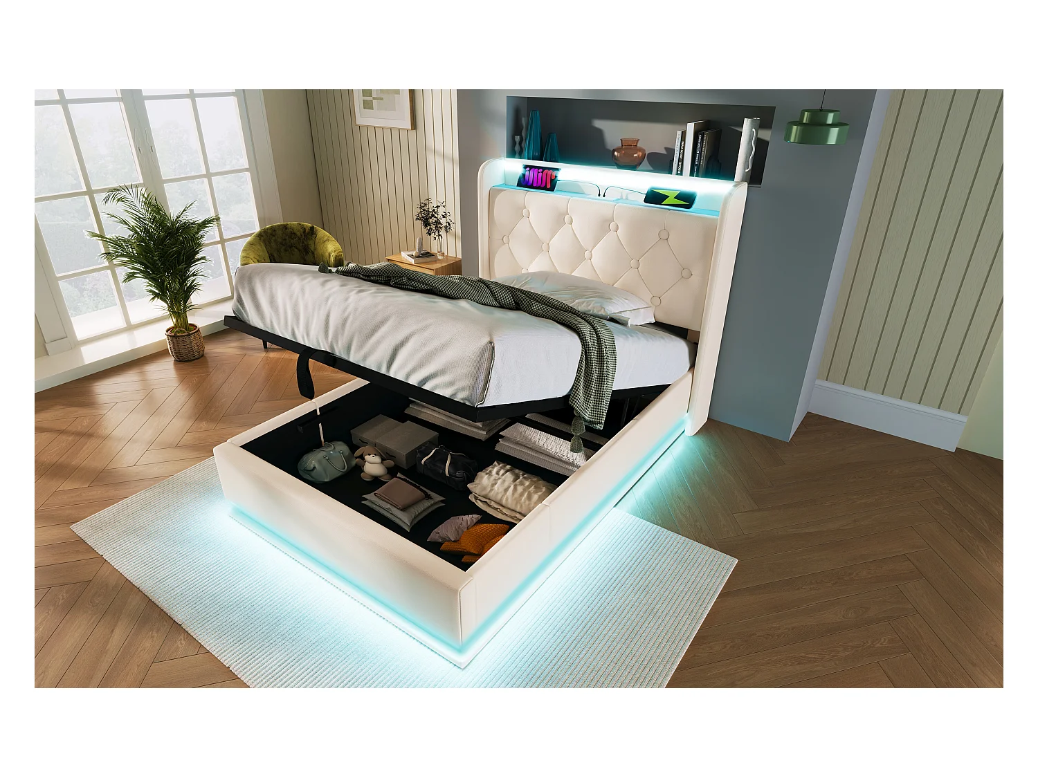 Lit simple 90×200 cm en PU blanc avec éclairage LED 360°, tête de lit rembourrée et USB