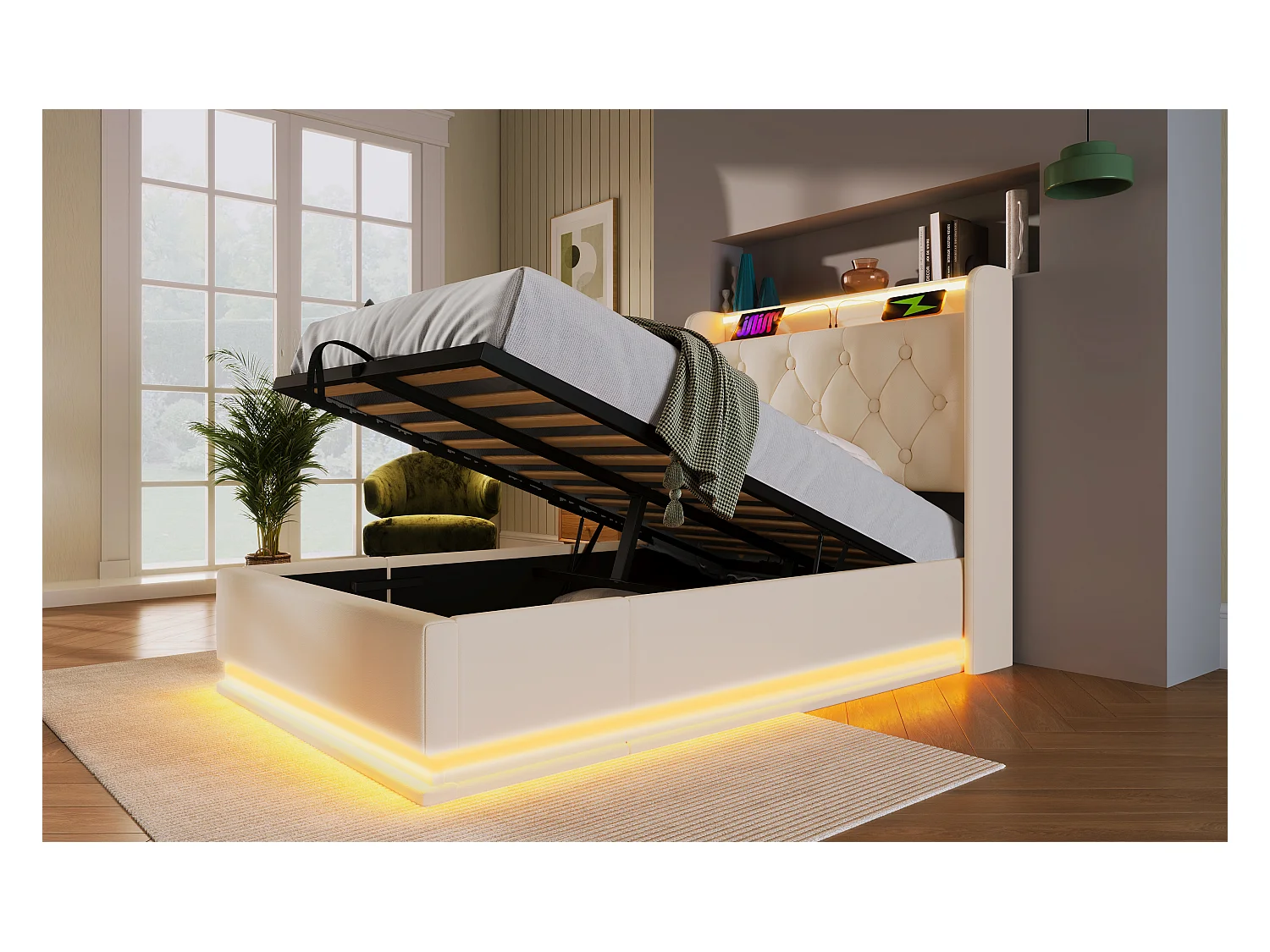 Lit simple 90×200 cm en PU blanc avec éclairage LED 360°, tête de lit rembourrée et USB