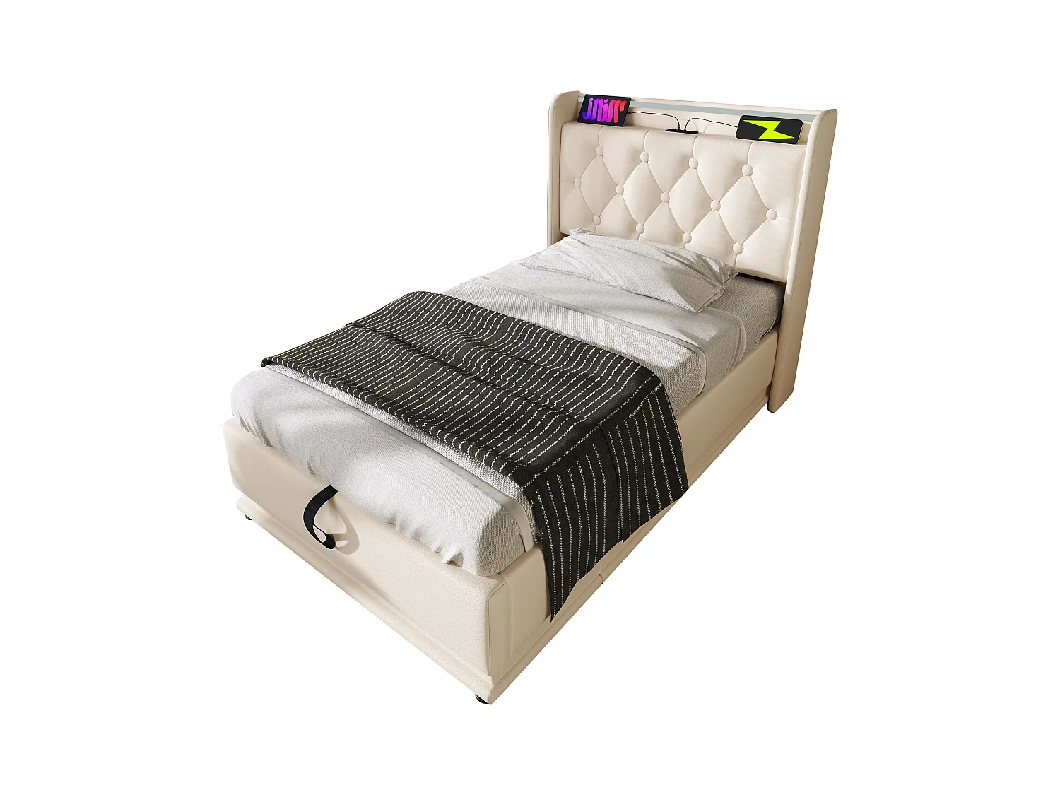 Lit simple 90×200 cm en PU blanc avec éclairage LED 360°, tête de lit rembourrée et USB