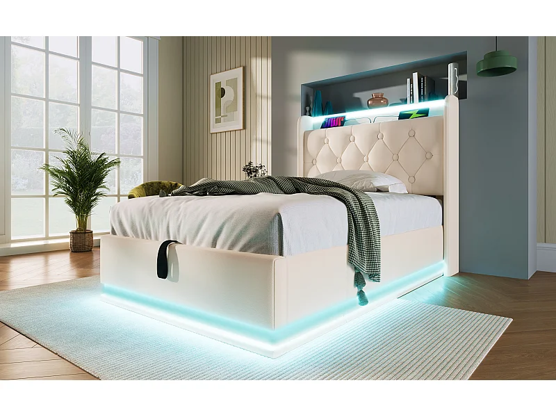 Lit simple 90×200 cm en PU blanc avec éclairage LED 360°, tête de lit rembourrée et USB