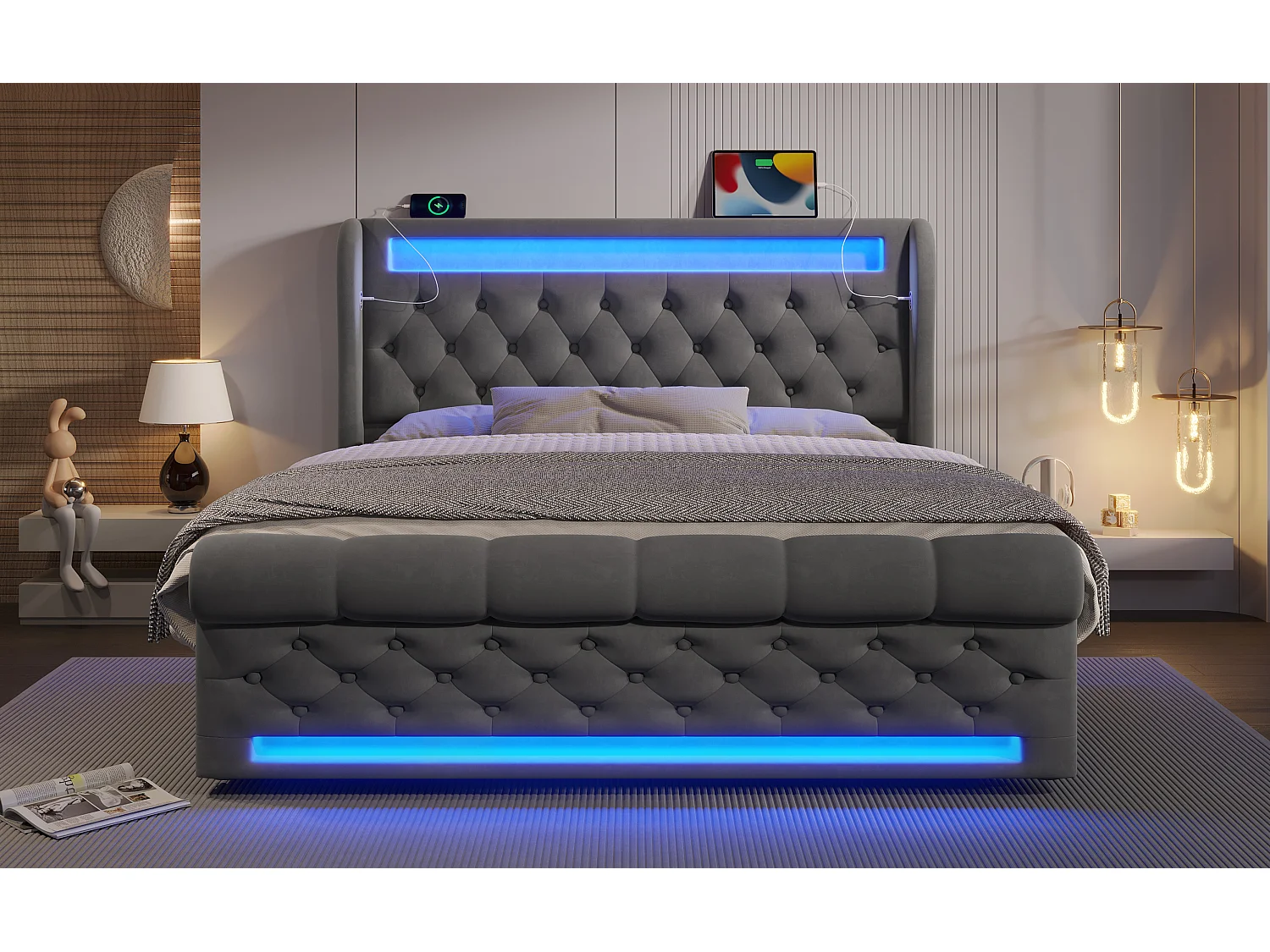 Lit moderne en velours 160x200 cm, avec éclairage LED et tête de lit de rangement, gris