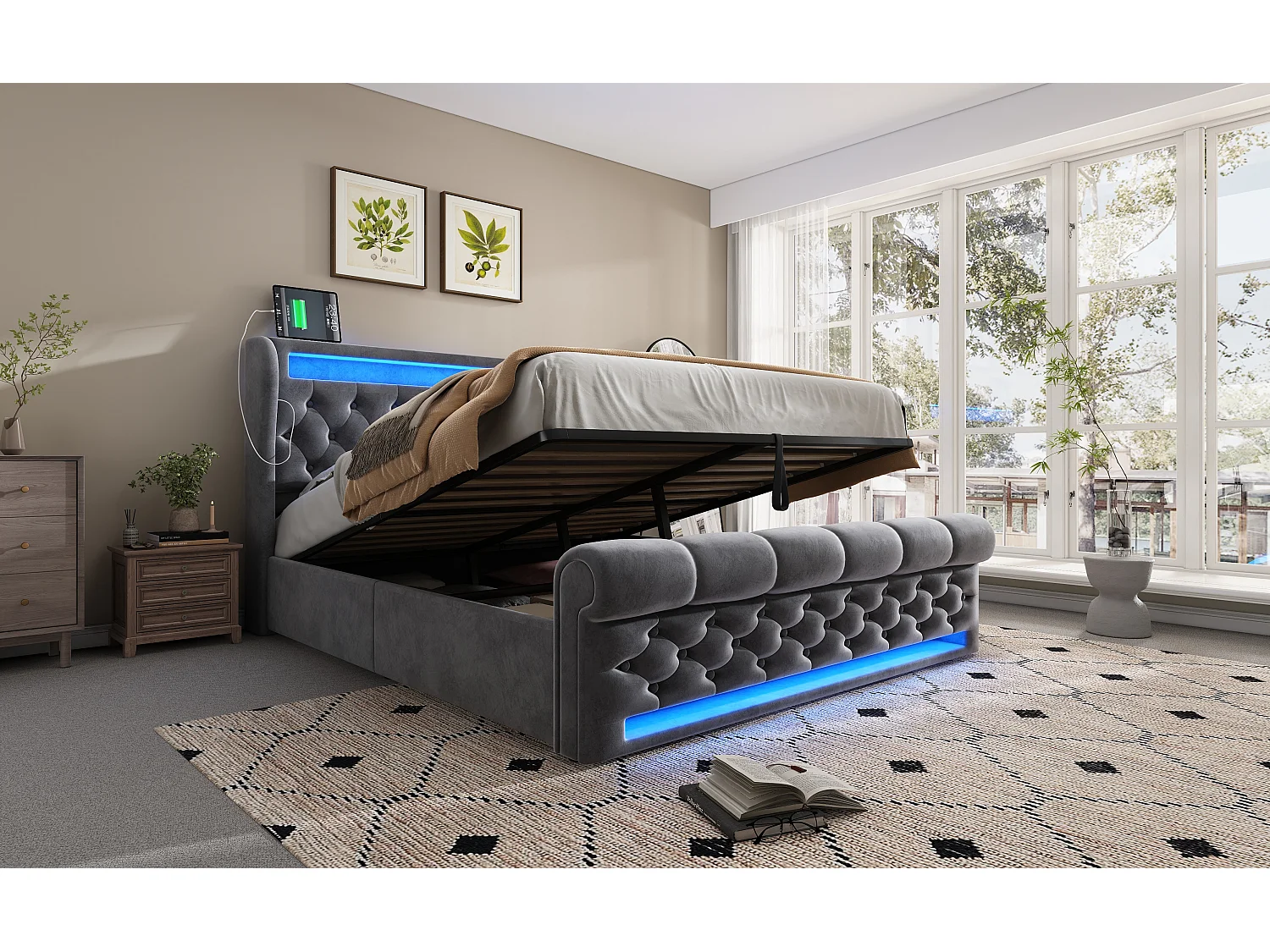 Lit moderne en velours 160x200 cm, avec éclairage LED et tête de lit de rangement, gris