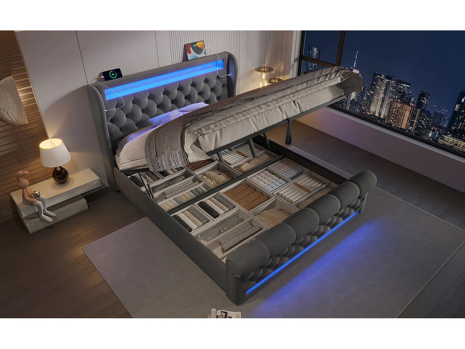 Lit moderne en velours 160x200 cm, avec éclairage LED et tête de lit de rangement, gris