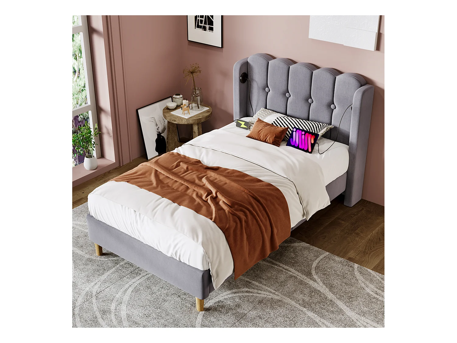 Lit simple avec fonction de chargement USB Type C, cadre de lit en lin gris 90 x 200 cm avec sommier