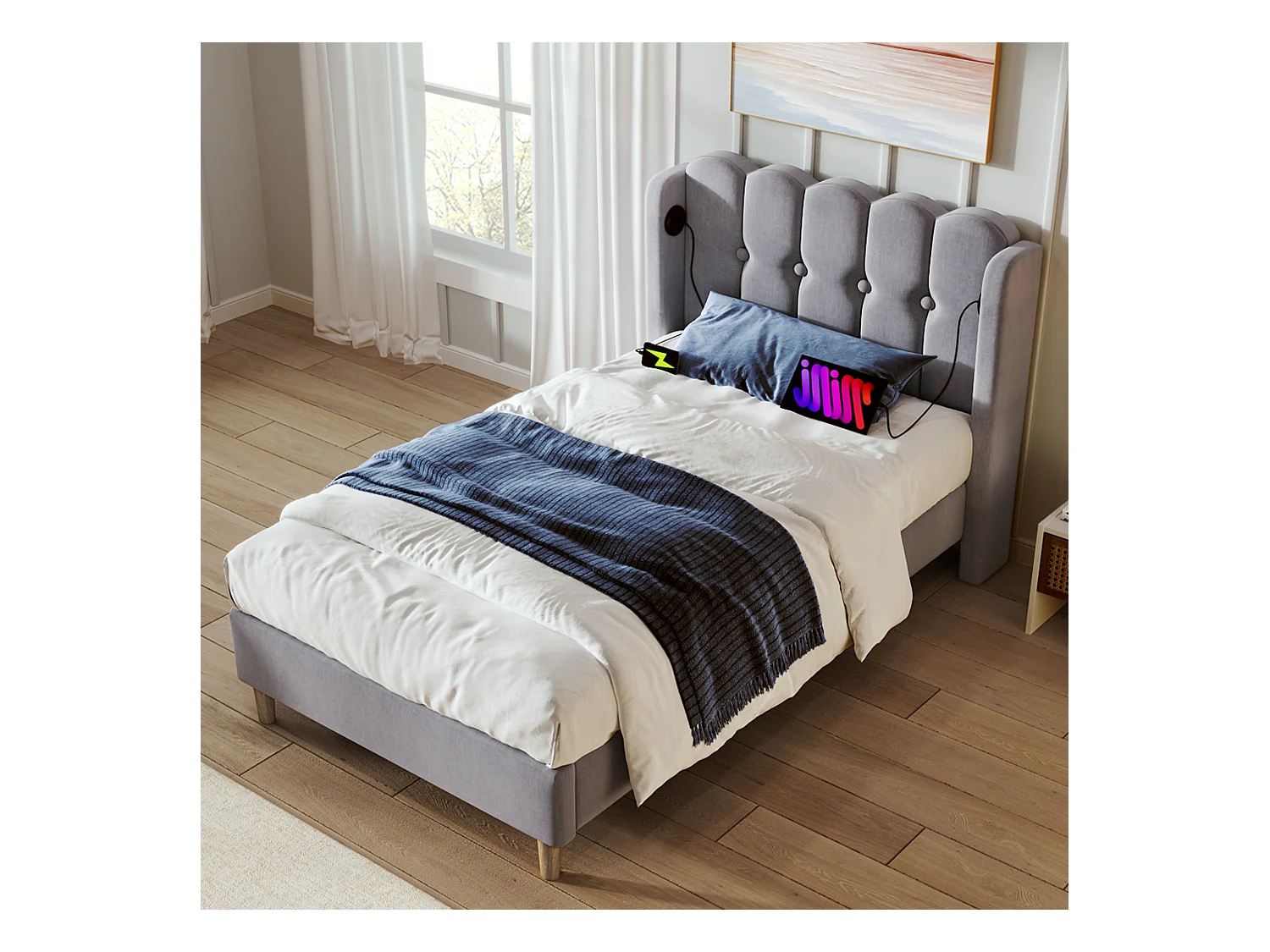 Lit simple avec fonction de chargement USB Type C, cadre de lit en lin gris 90 x 200 cm avec sommier