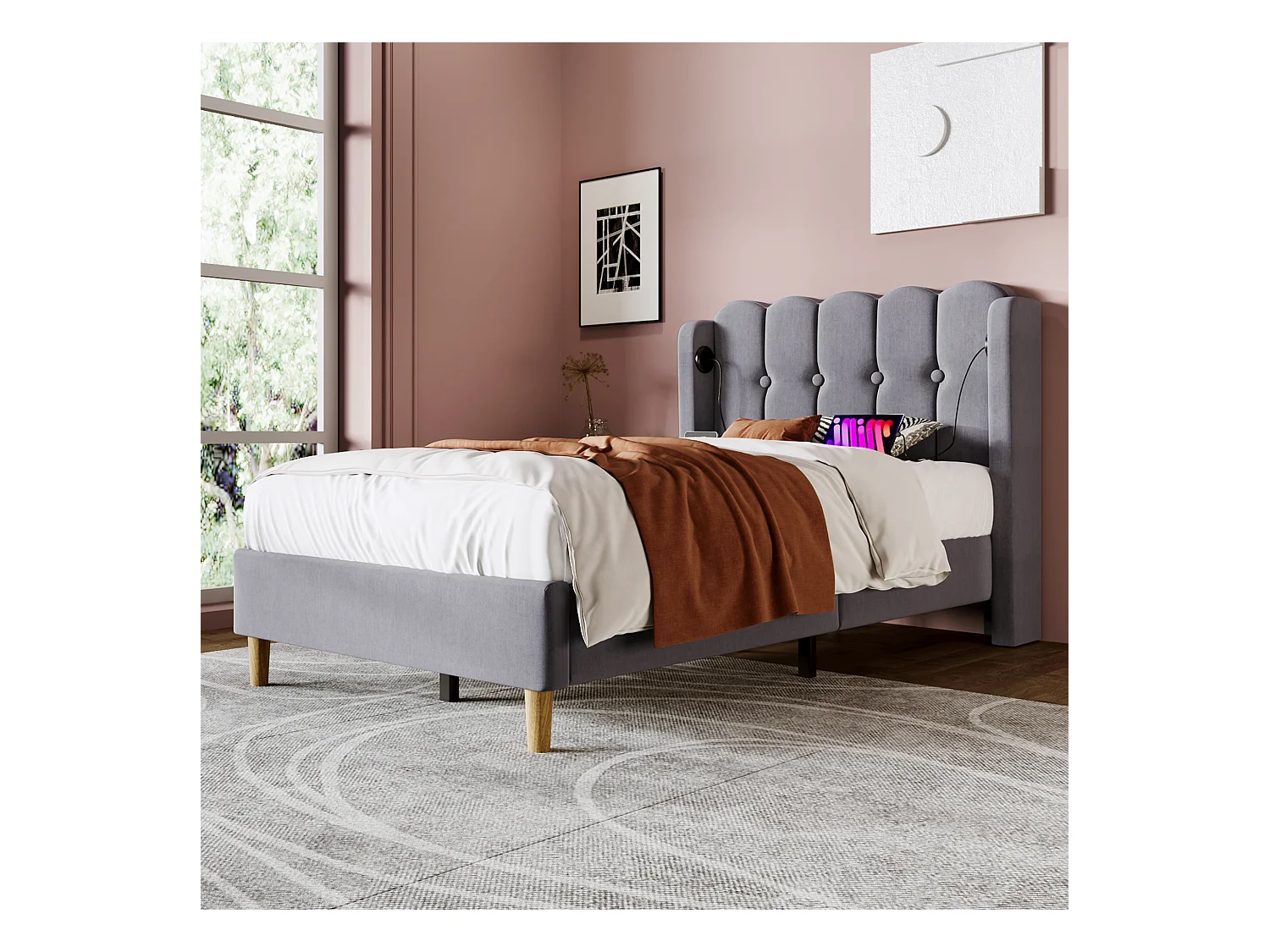 Lit simple avec fonction de chargement USB Type C, cadre de lit en lin gris 90 x 200 cm avec sommier