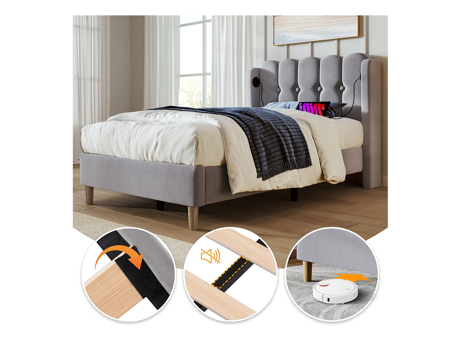 Lit simple avec fonction de chargement USB Type C, cadre de lit en lin gris 90 x 200 cm avec sommier