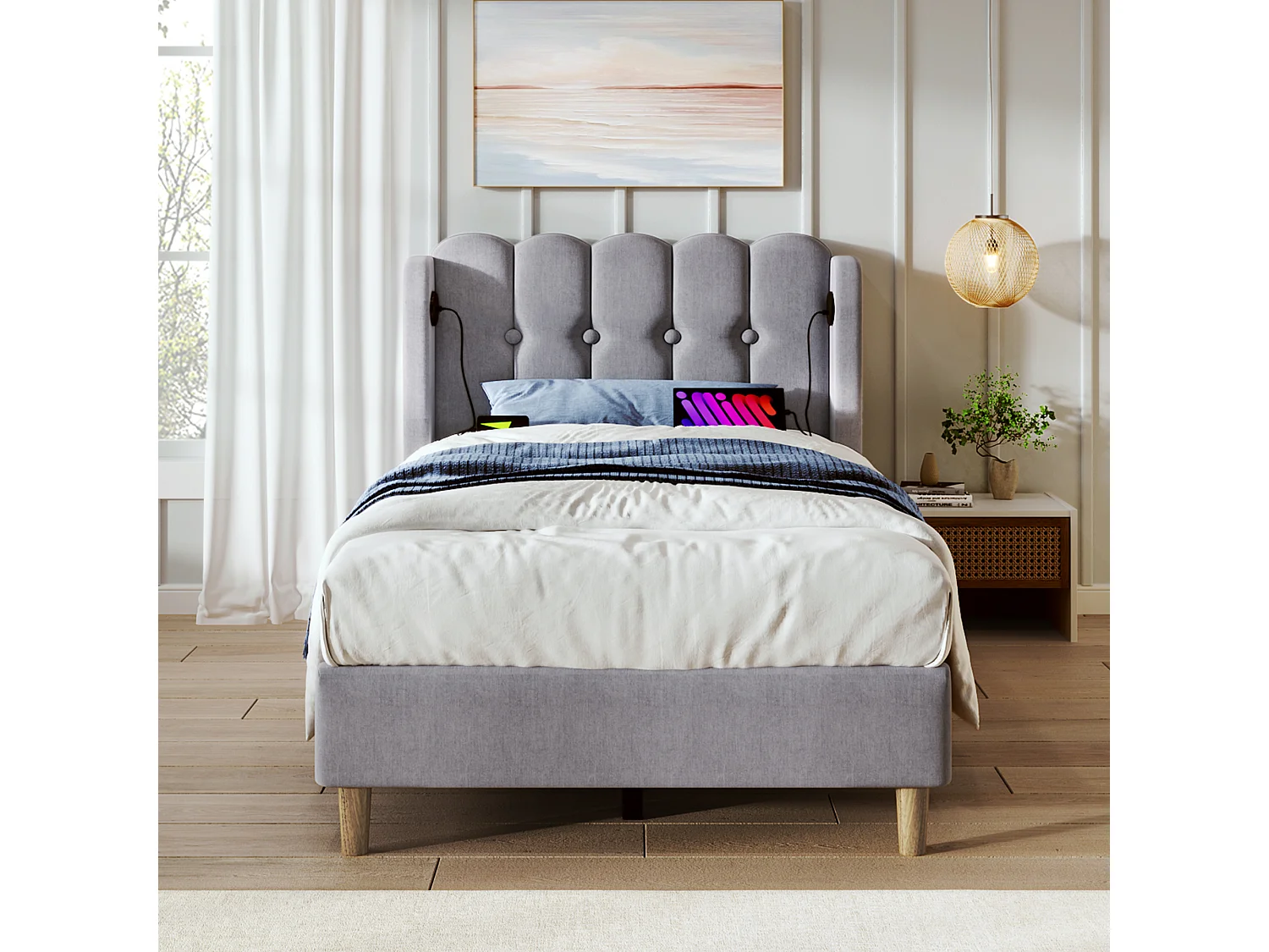 Lit simple avec fonction de chargement USB Type C, cadre de lit en lin gris 90 x 200 cm avec sommier