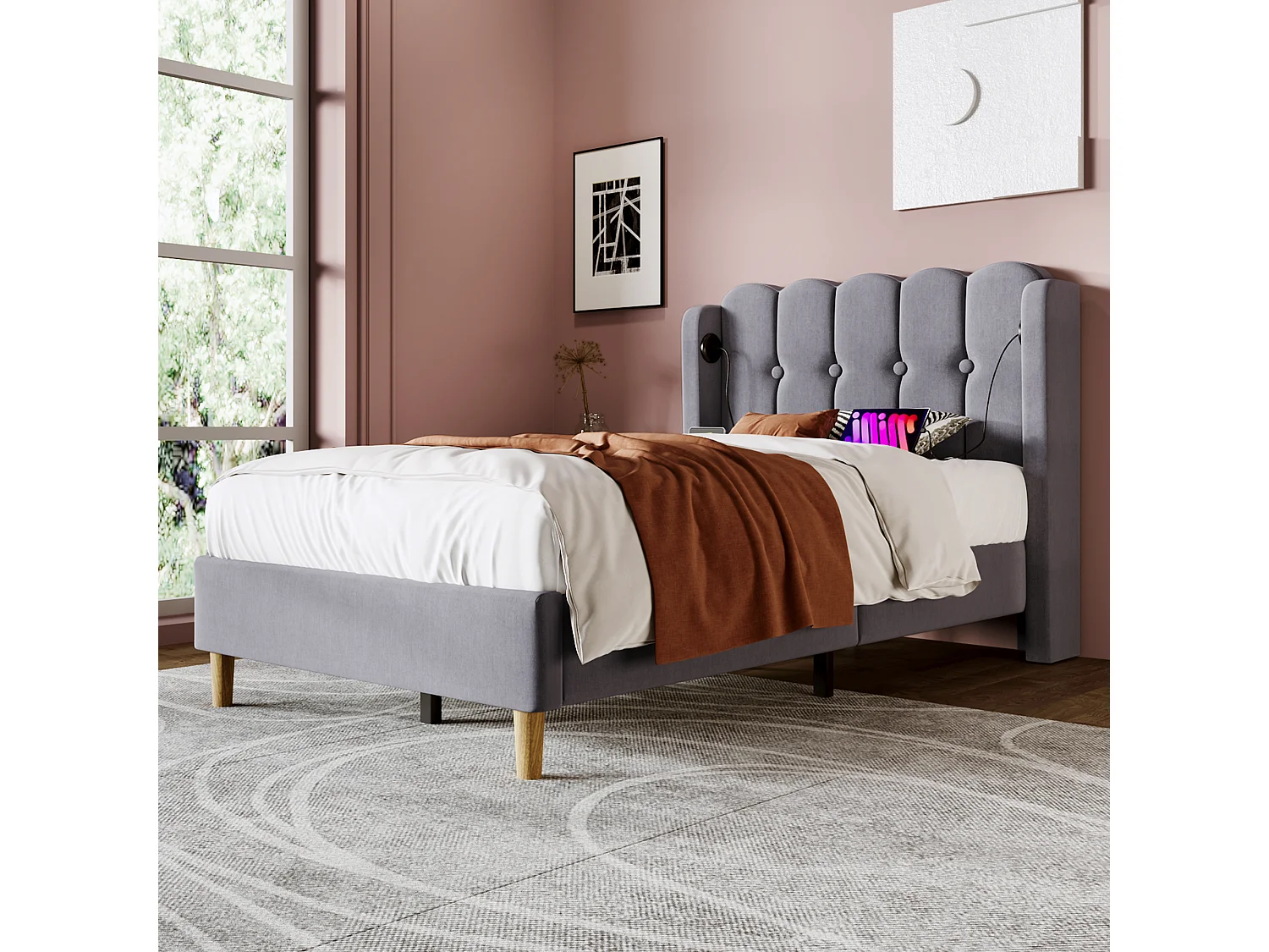 Lit simple avec fonction de chargement USB Type C, cadre de lit en lin gris 90 x 200 cm avec sommier