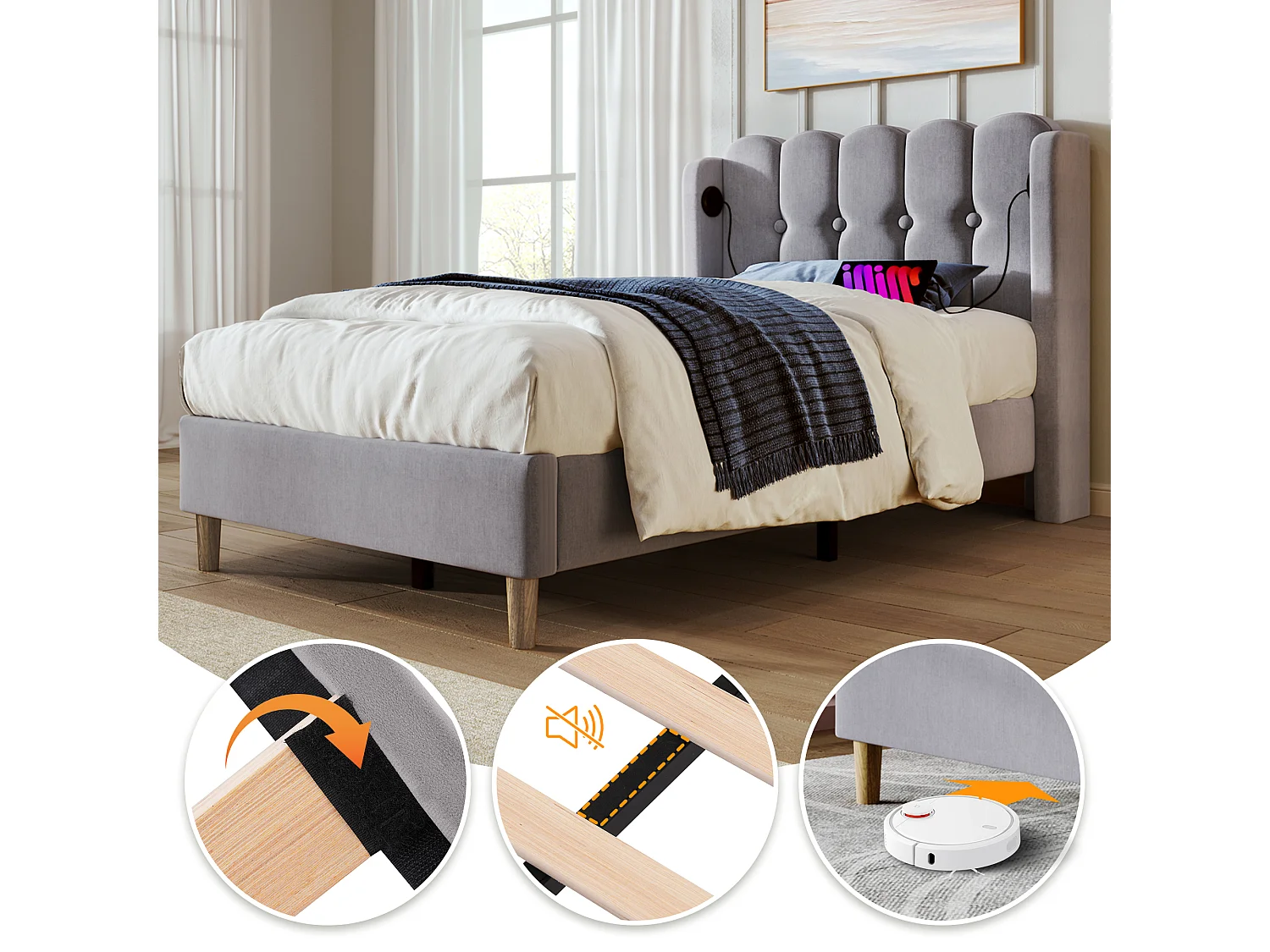 Lit simple avec fonction de chargement USB Type C, cadre de lit en lin gris 90 x 200 cm avec sommier