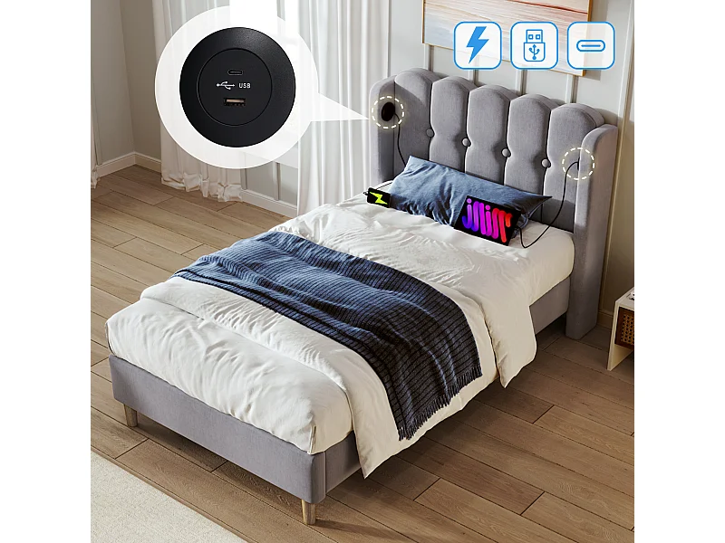 Lit simple avec fonction de chargement USB Type C, cadre de lit en lin gris 90 x 200 cm avec sommier