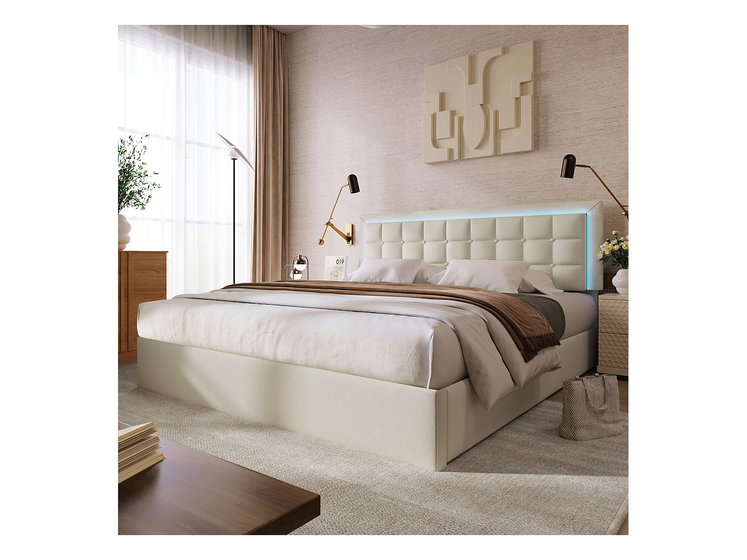 Lit rembourré 140x200 cm en PU blanc avec rangement et éclairage LED, cadre de lit élégant